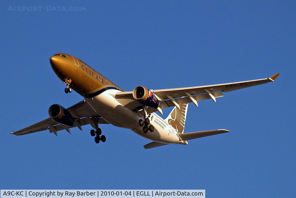 A9C-KC, 1999 Airbus A330-243 C/N 286, Airbus A330-243 [286] (Gulf Air) Home~G 04/01/2010. on approach 27R. Wears Grand Prix 2010 titles.