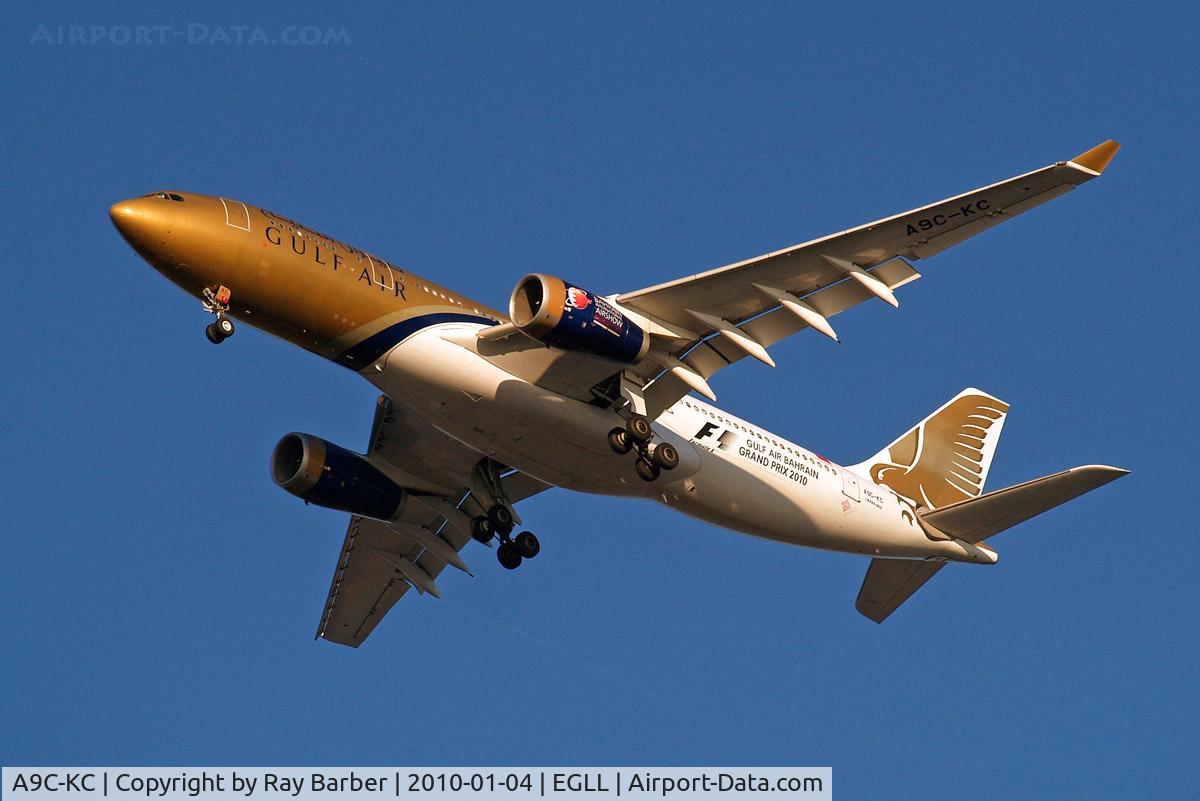 A9C-KC, 1999 Airbus A330-243 C/N 286, Airbus A330-243 [286] (Gulf Air) Home~G 04/01/2010. on approach 27R. Wears Grand Prix 2010 titles.