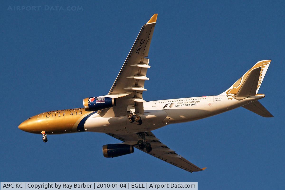 A9C-KC, 1999 Airbus A330-243 C/N 286, Airbus A330-243 [286] (Gulf Air) Home~G 04/01/2010. on approach 27R. Wears Grand Prix 2010 titles.