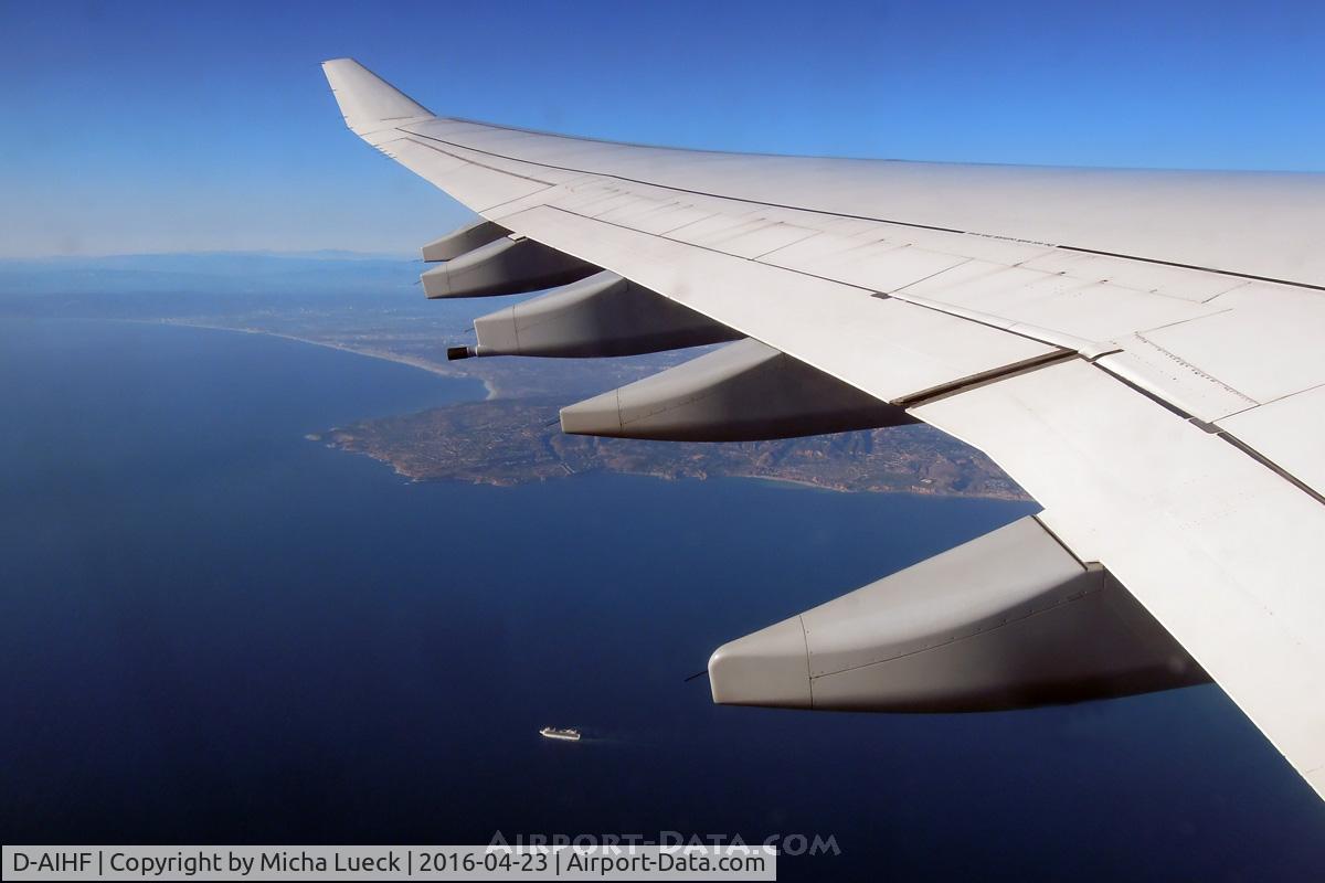 D-AIHF, 2003 Airbus A340-642 C/N 543, We are leaving LAX, while the cruise ship below is leaving Long Beach