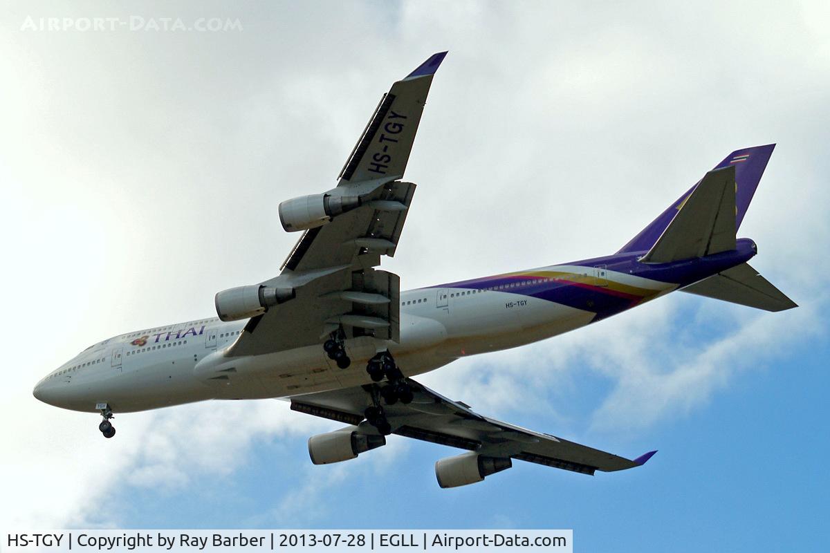 HS-TGY, 1998 Boeing 747-4D7 C/N 28705, Boeing 747-4D7 [28705] (Thai Airways) Home~G 28/07/2013. On approach 27R.
