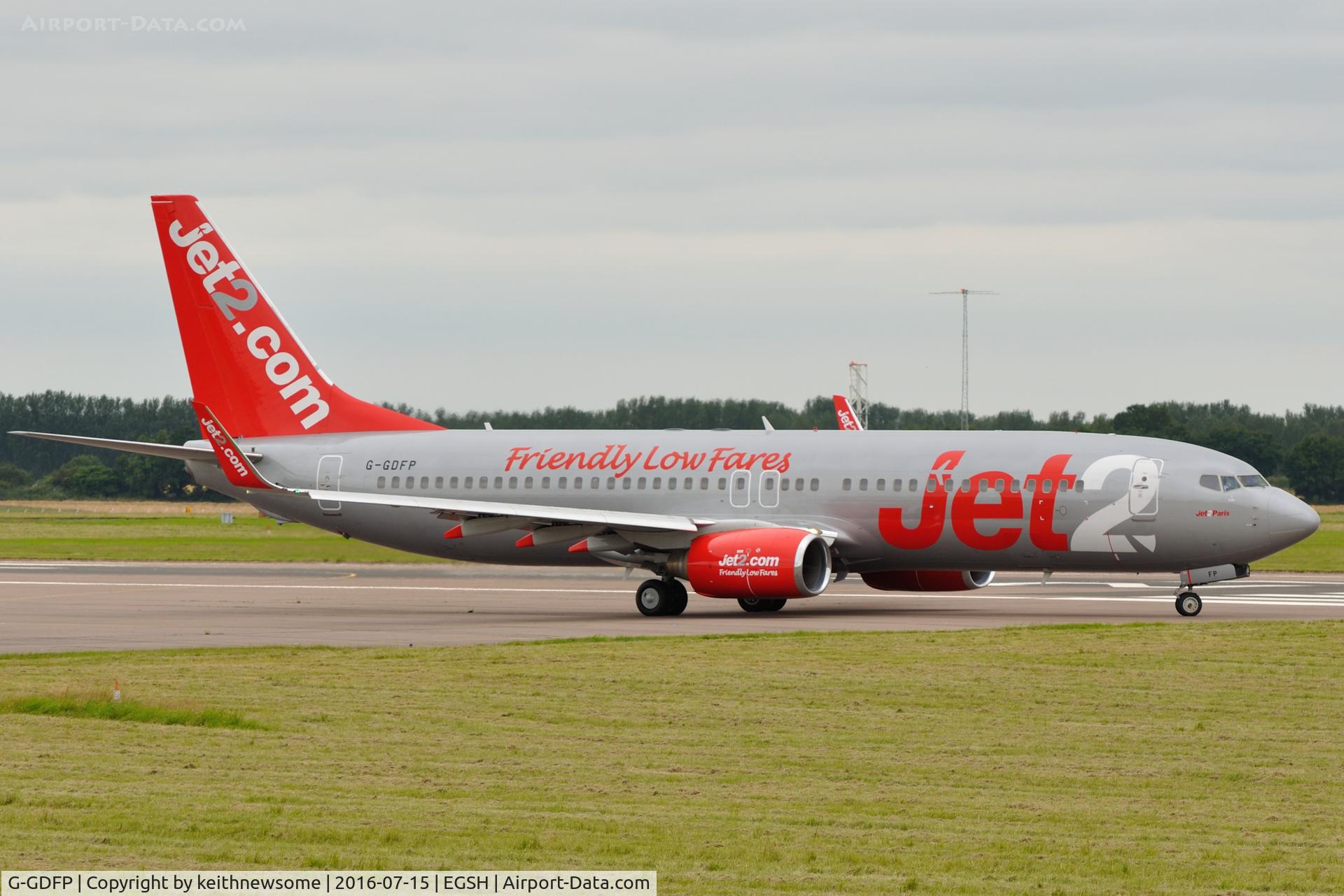 G-GDFP, 1998 Boeing 737-8Z9 C/N 28177, Leaving Norwich following engineering.