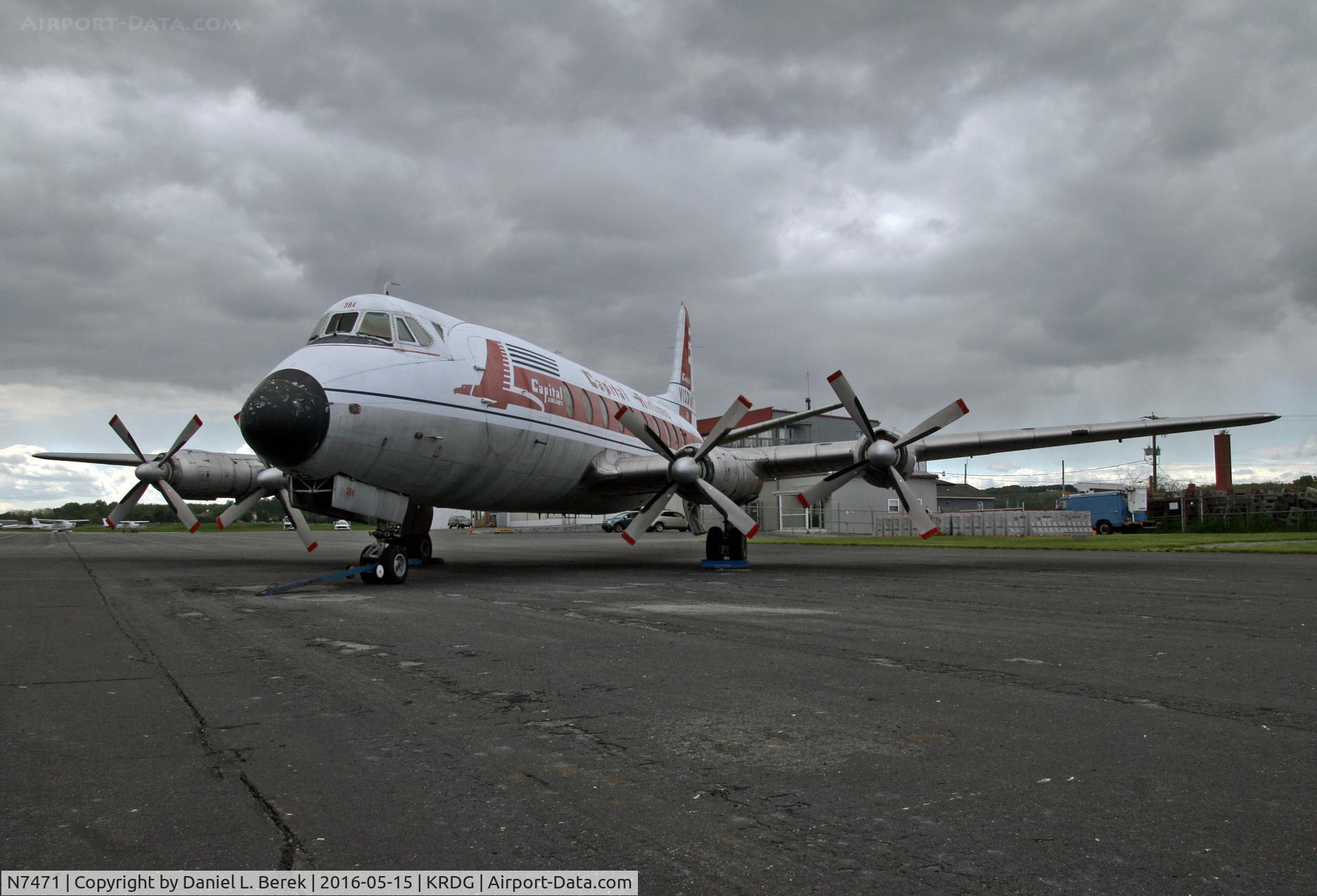 N7471, 1957 Vickers Viscount 797 C/N 233, A classic Viscount sits on the ramp under a threatening sky.  She was built in 1957.