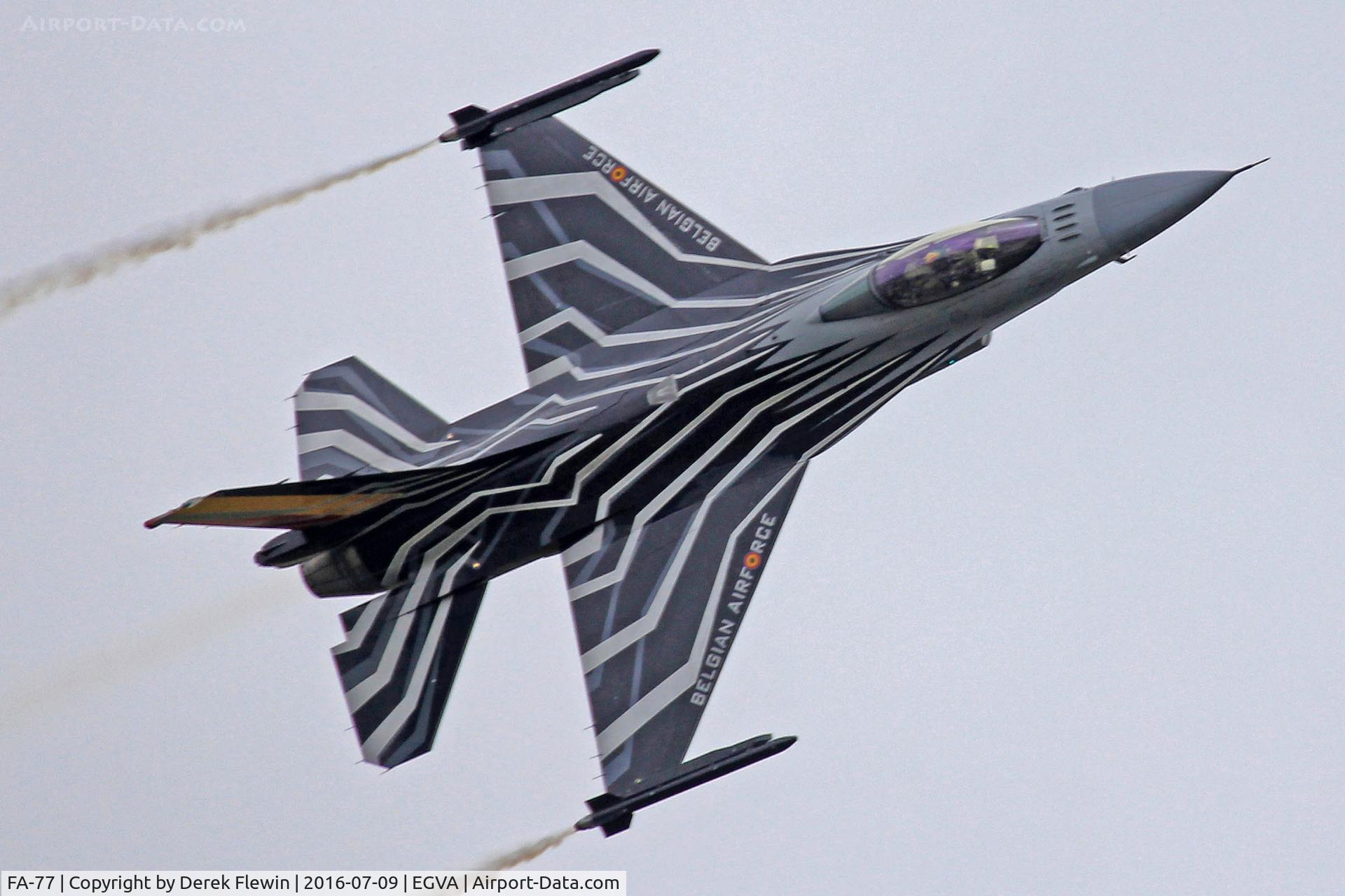 FA-77, SABCA F-16AM Fighting Falcon C/N 6H-77, Fighting Falcon, Belgian Air Component 31 Squadron 10 wing Kleine Brogel based, previously 80-3568, seen displaying at RIAT 2016.