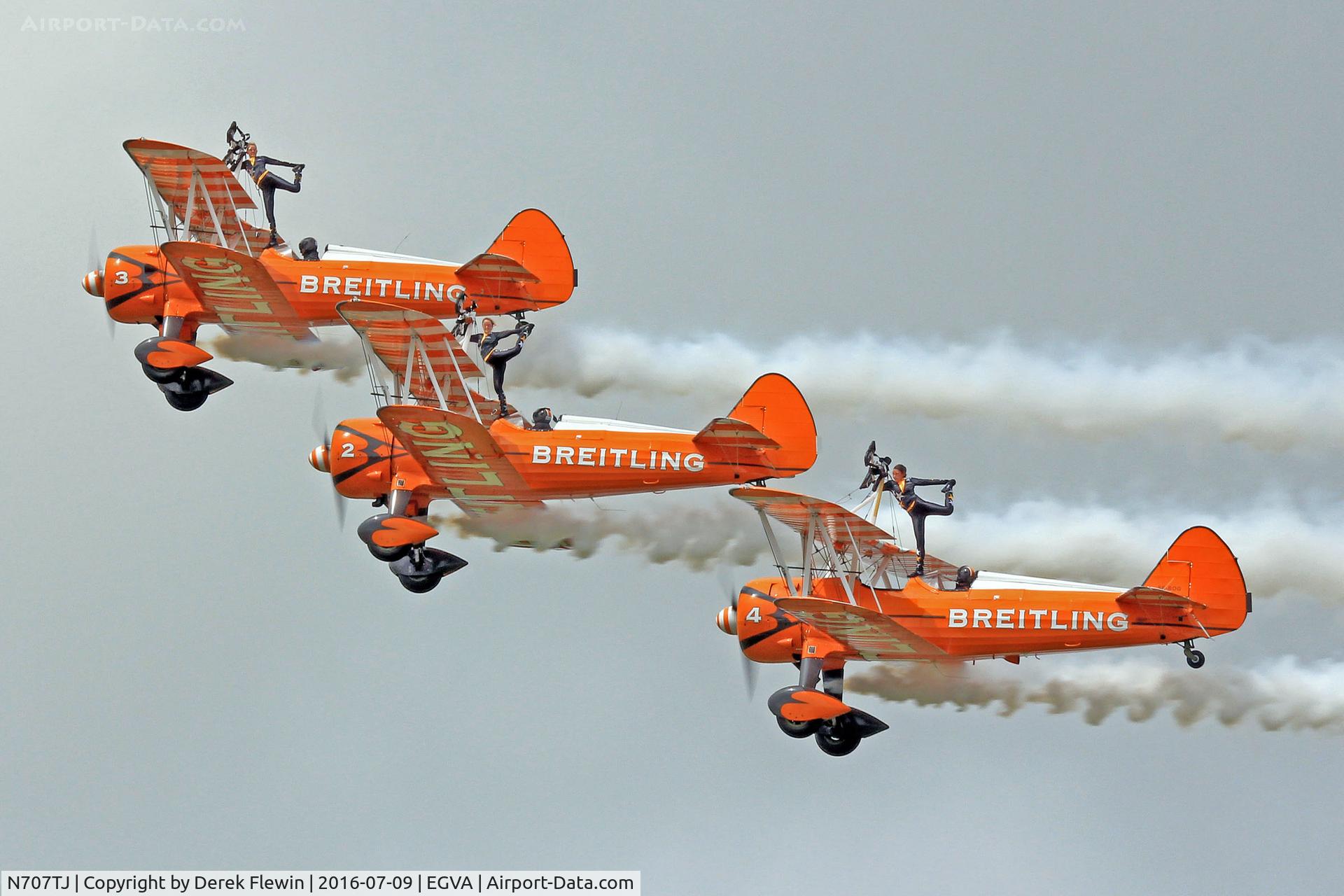 N707TJ, 1943 Boeing A75N1(PT17) C/N 75-950, A75N1, Breitling Wingwalkers, coded 3, previously  3173 N50057, N9PK,in the company of SE-BOG/4 and N74189/2, seen displaying at RIAT 2016.