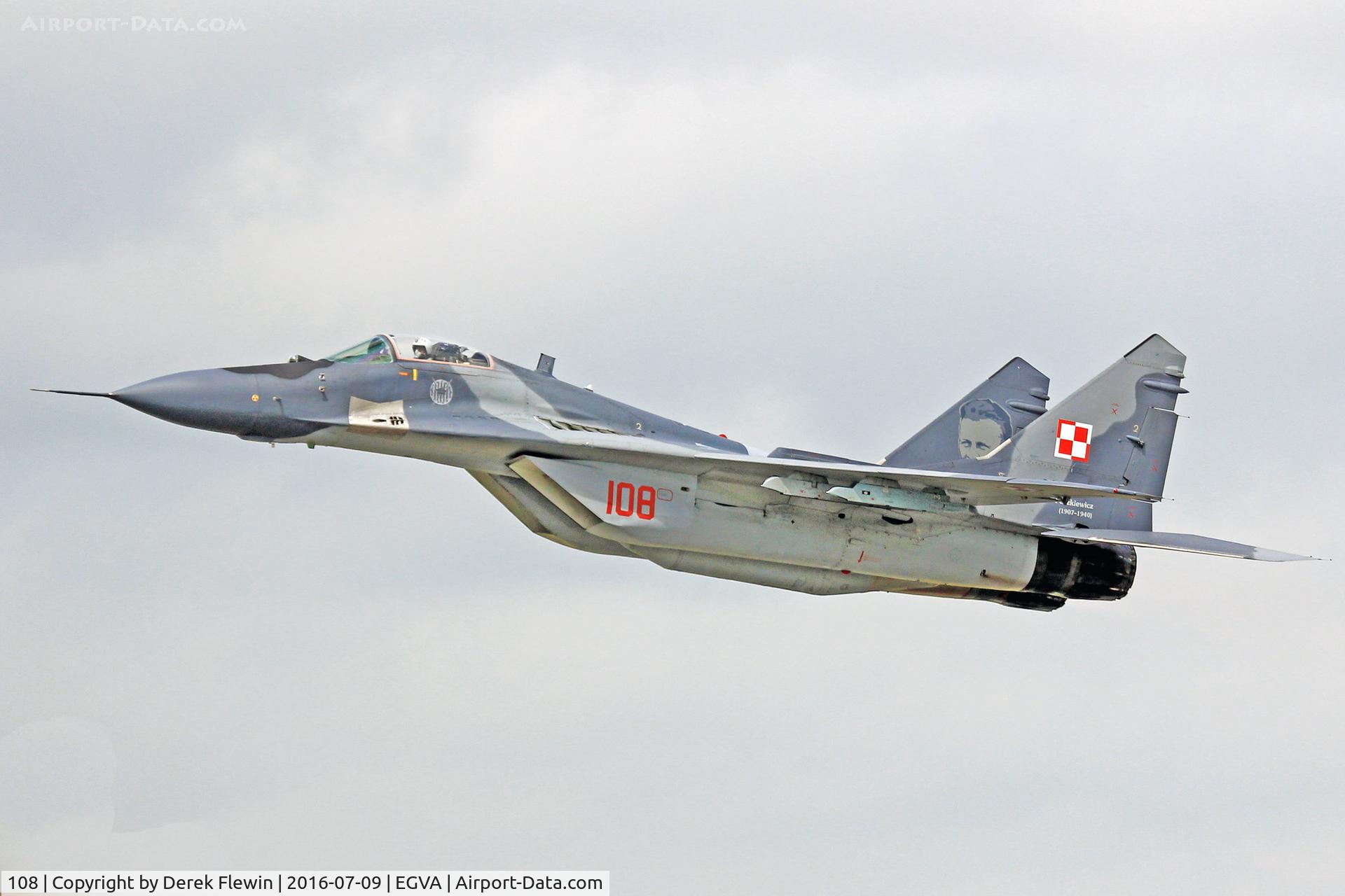 108, 1990 Mikoyan-Gurevich MiG-29A C/N 2960535108, MiG-29A, Polish Air Force, 1.Elt Squadron 23.BLT Unit Minsk Mazowiecki based, call sign PLF201b, seen displaying at RIAT 2016.