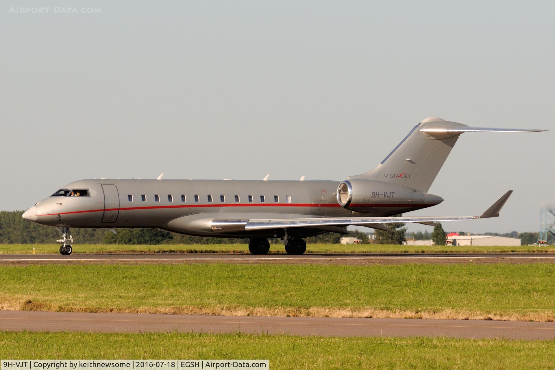 9H-VJT, 2015 Bombardier BD-700-1A10 Global 6000 C/N 9721, Leaving Norwich.