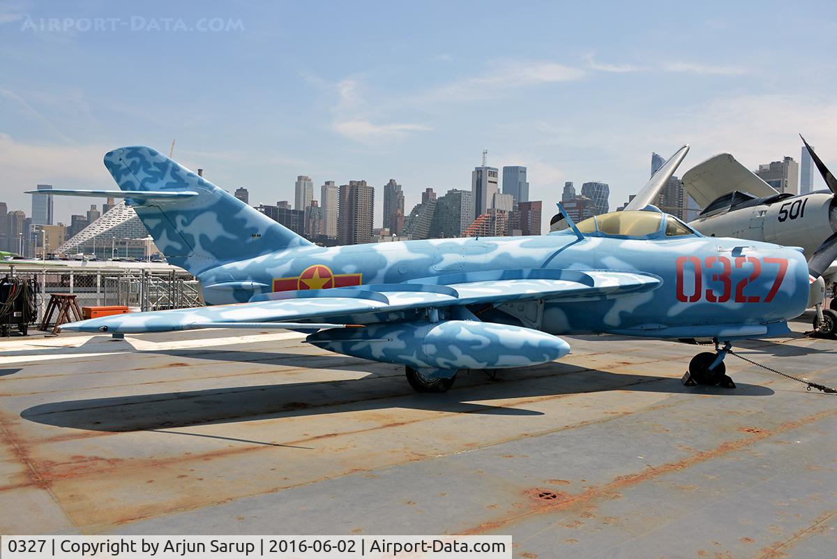 0327, PZL-Mielec Lim-5 (MiG-17F) C/N 1C0327, On display aboard USS Intrepid. Ex-Polish Air Force aircraft that has been repainted to represent a Mig-17 of the North Vietnamese Air Force during the Vietnam War. A few North Vietnamese pilots from the 923rd Fighter Regiment became aces on MiG-17s.