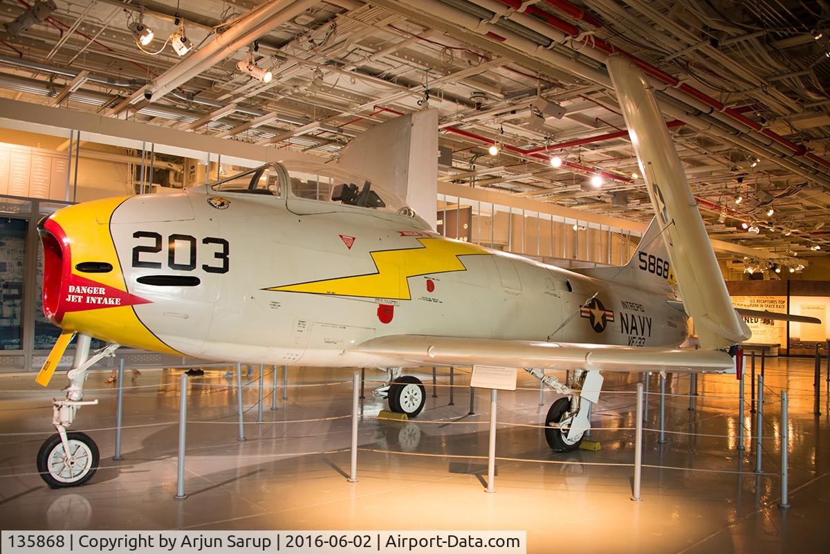 135868, North American F-1C Fury C/N 194-95, On display aboard USS Intrepid. This immaculately restored Fury is in the colors of VF-33 'Tarsiers' that flew from USS Intrepid. The squadron took part in NATO exercise Operation Strikeback from the carrier in 1957.