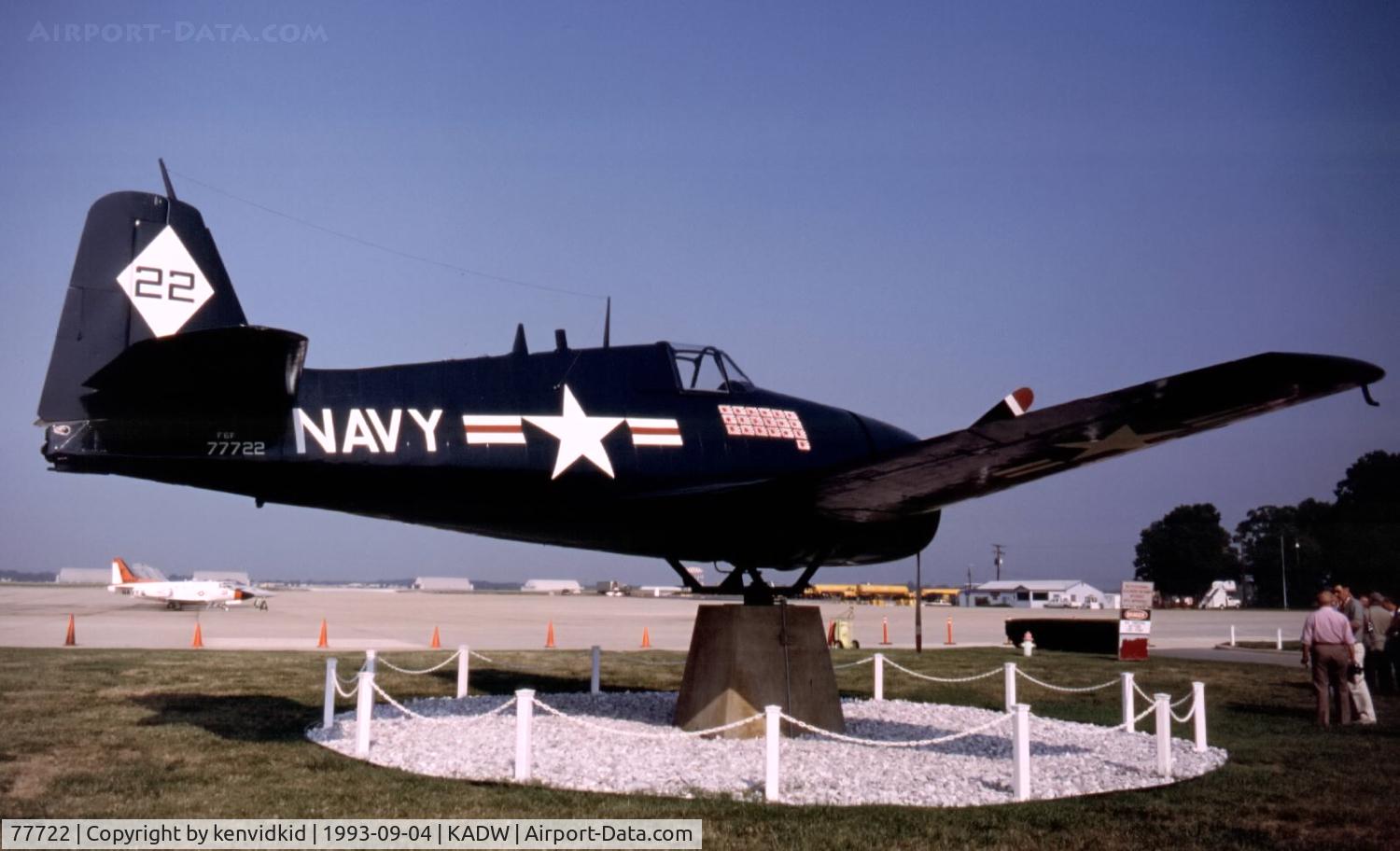 77722, Grumman F6F-5K Hellcat C/N A-8867, Andrews AFB gate guard.
At the time I saw it, it was a weather vane, constantly turning into wind.