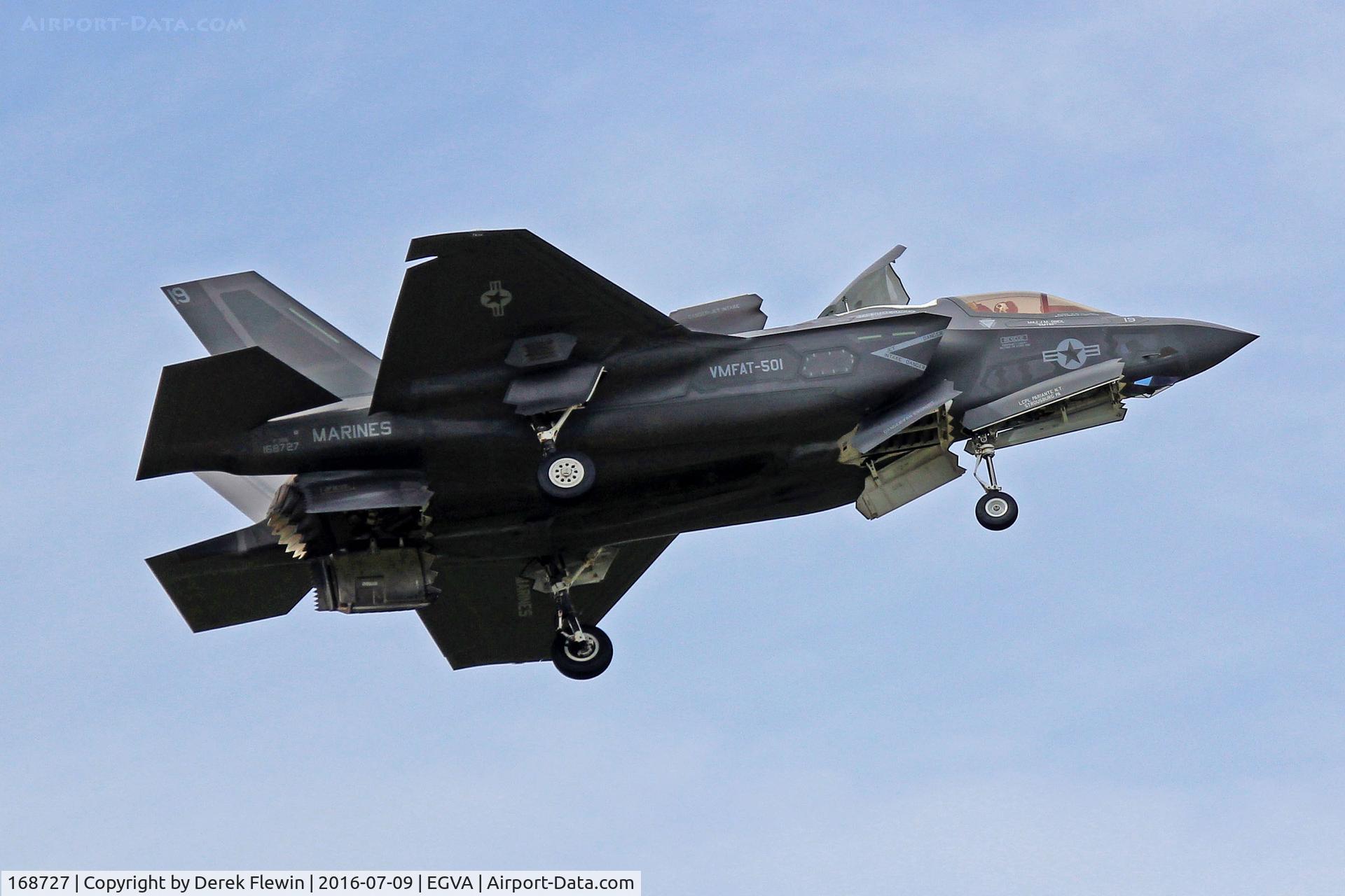 168727, 2013 Lockheed Martin F-35B Lightning II C/N BF-29, F-35B Lightning II, United States Marine Corps VMFAT-501 Squadron MCAS Beaufort based, coded 19, call sign Tabour 02, seen displaying at RIAT 2016.