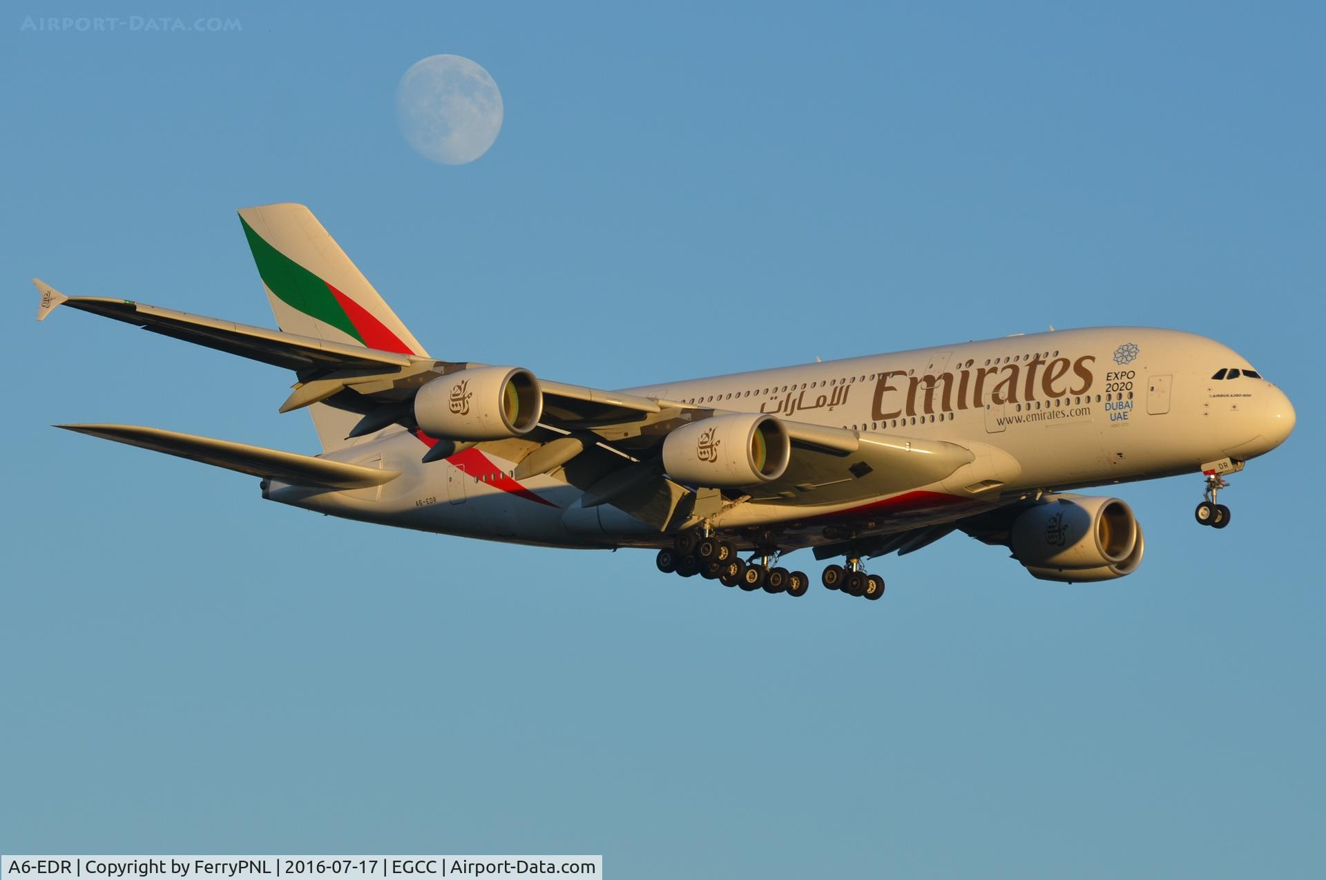 A6-EDR, 2011 Airbus A380-861 C/N 083, Emirates passes by the moon on its way to LHR.