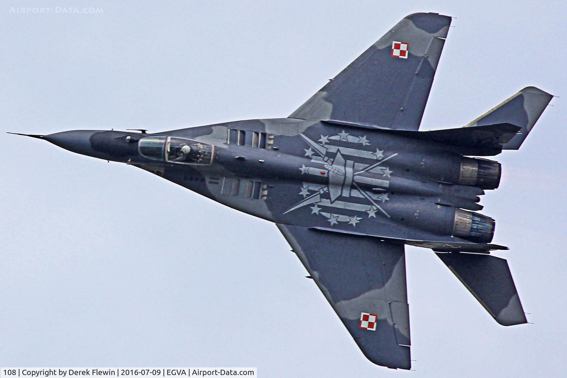 108, 1990 Mikoyan-Gurevich MiG-29A C/N 2960535108, MiG-29A, Polish Air Force, 1.Elt Squadron 23.BLT Unit Minsk Mazowiecki based, call sign PLF201b, knife edge fly-by runway 27 at RIAT 2016.