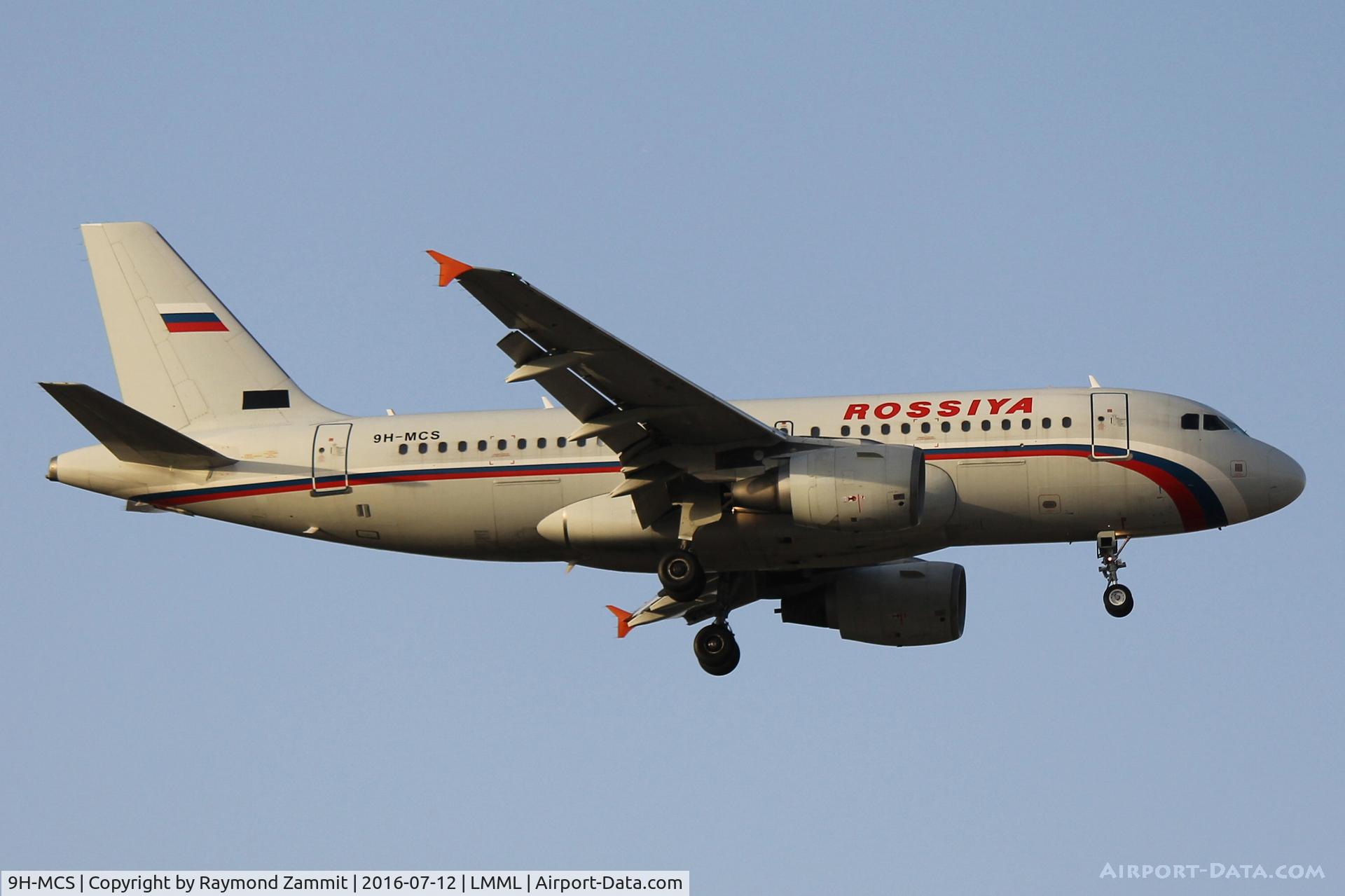 9H-MCS, 2002 Airbus A319-111 C/N 1753, A319 9H-MCS of Hyperion Aviation landing in Malta still in Rossiya colours.