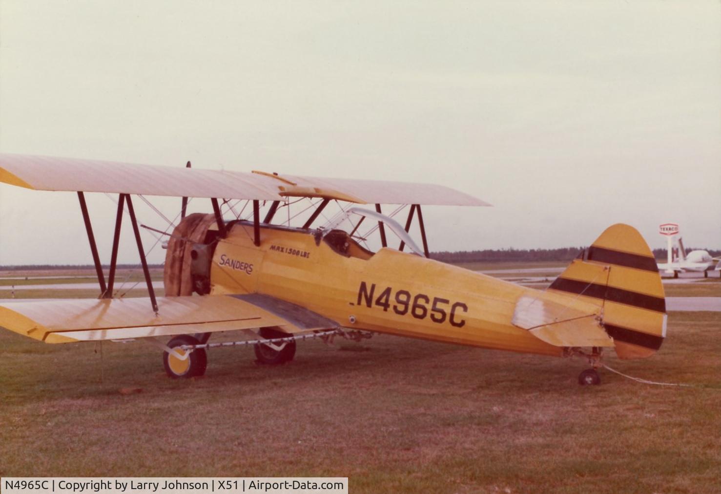 N4965C, 1941 Boeing E75 (PT-17) C/N 75-2007, I shot this in the 1970's.  It is an ex-PT-17 (A75N1).  The serial no. is 41-8448 which is the military serial number.  The Boeing c/n is 75-2007.