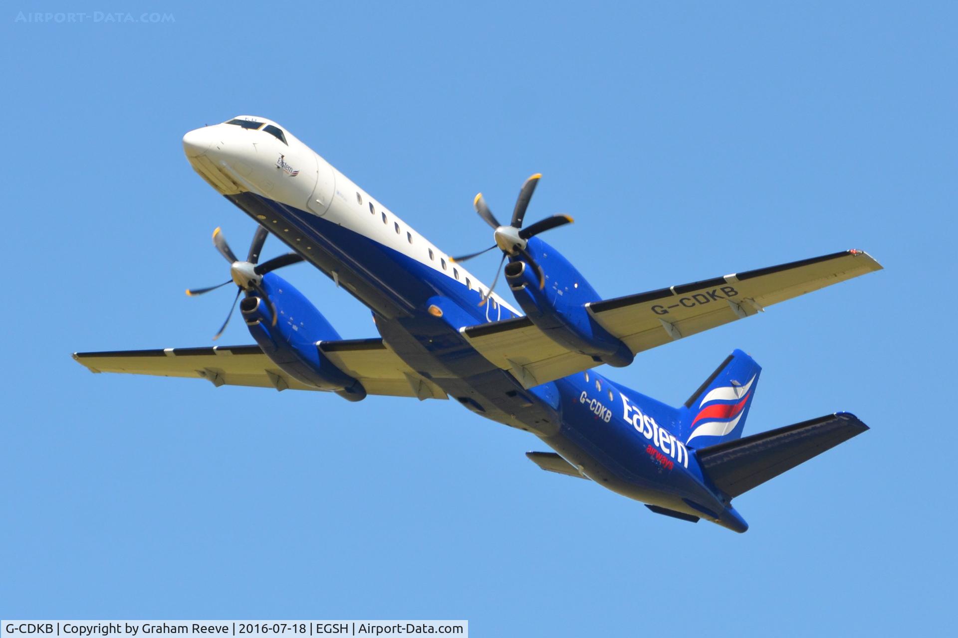 G-CDKB, 1996 Saab 2000 C/N 2000-032, Departing from Norwich.