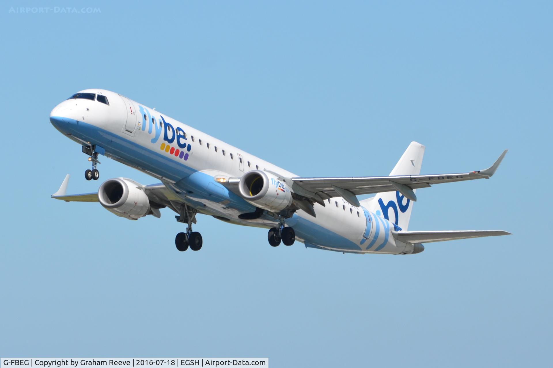G-FBEG, 2007 Embraer 195LR (ERJ-190-200LR) C/N 19000120, departing from Norwich.