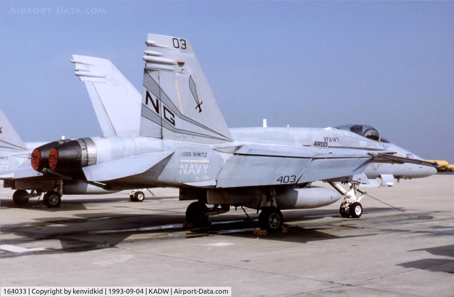 164033, 1990 McDonnell Douglas F/A 18C Hornet C/N 0919/C169, Andrew's Air Force base visiting aircraft ramp.