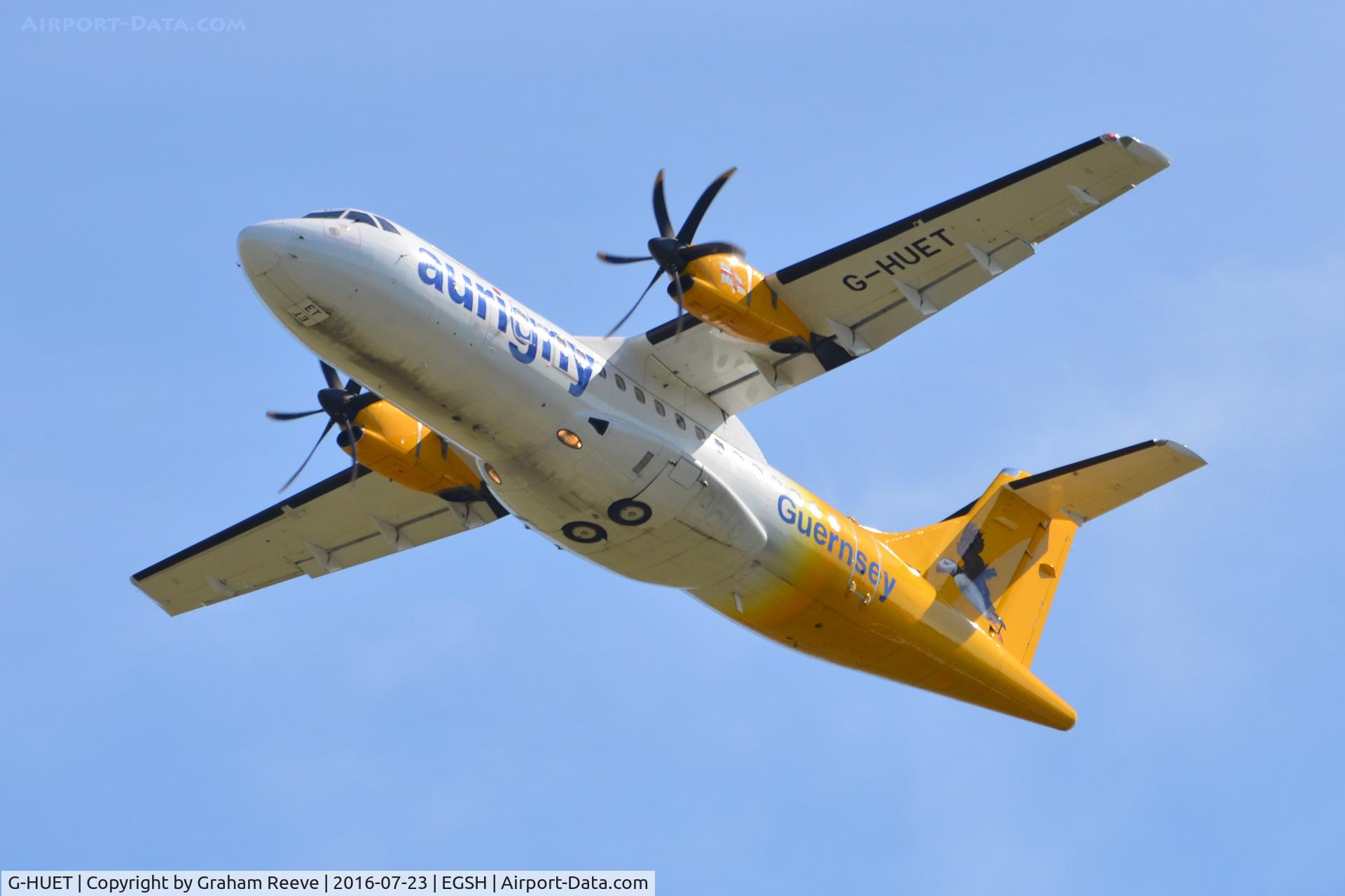 G-HUET, 1999 ATR 42-500 C/N 584, Departing from Norwich.