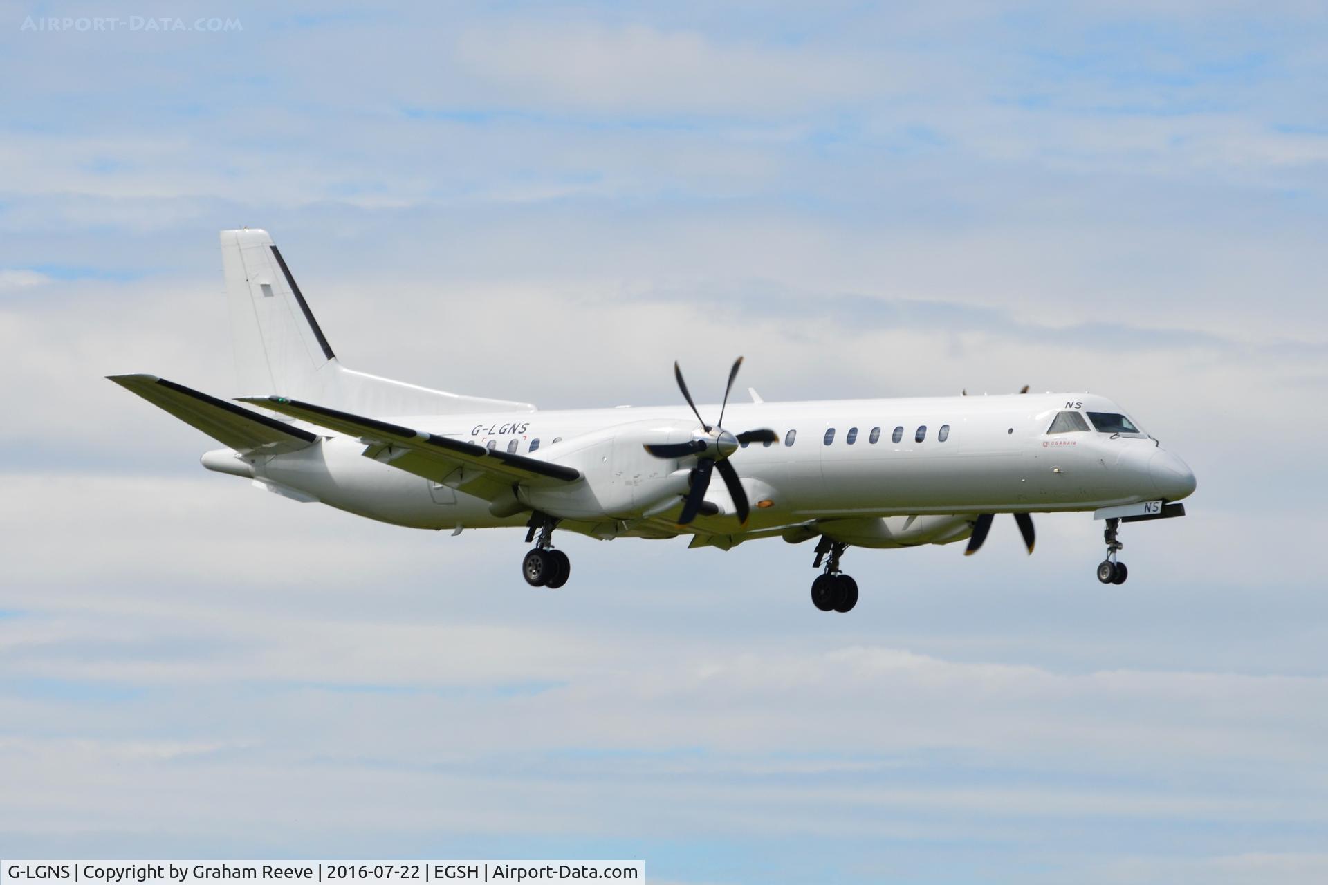 G-LGNS, 1996 Saab 2000 C/N 2000-041, Landing at Norwich.
