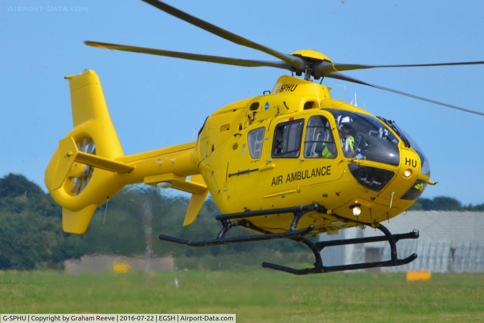 G-SPHU, 2002 Eurocopter EC-135T-2 C/N 0245, Landing at Norwich.