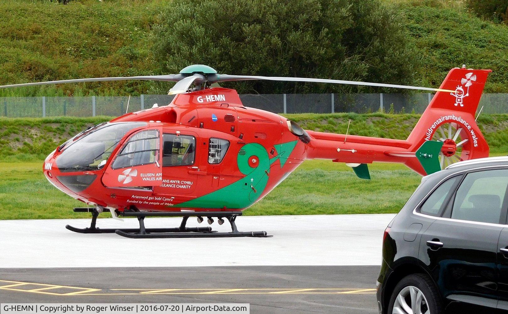 G-HEMN, 2012 Eurocopter EC-135T-2+ C/N 1070, Off airport. Wales Air ambulance helicopter (Helimed 57) at it's new base at Dafen, Carmarthenshire, UK. Became dual based (Cardiff City Heliport) and Helimed 67 in late March/early April 2017.