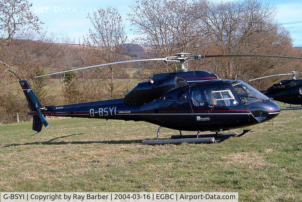 G-BSYI, 1982 Aerospatiale AS-355F-1 Ecureuil 2 C/N 5197, Aerospatiale AS.355F1 Ecureuil II [5197] (PremiAir) Cheltenham Racecourse~G 16/03/2004. With floats added to skids.