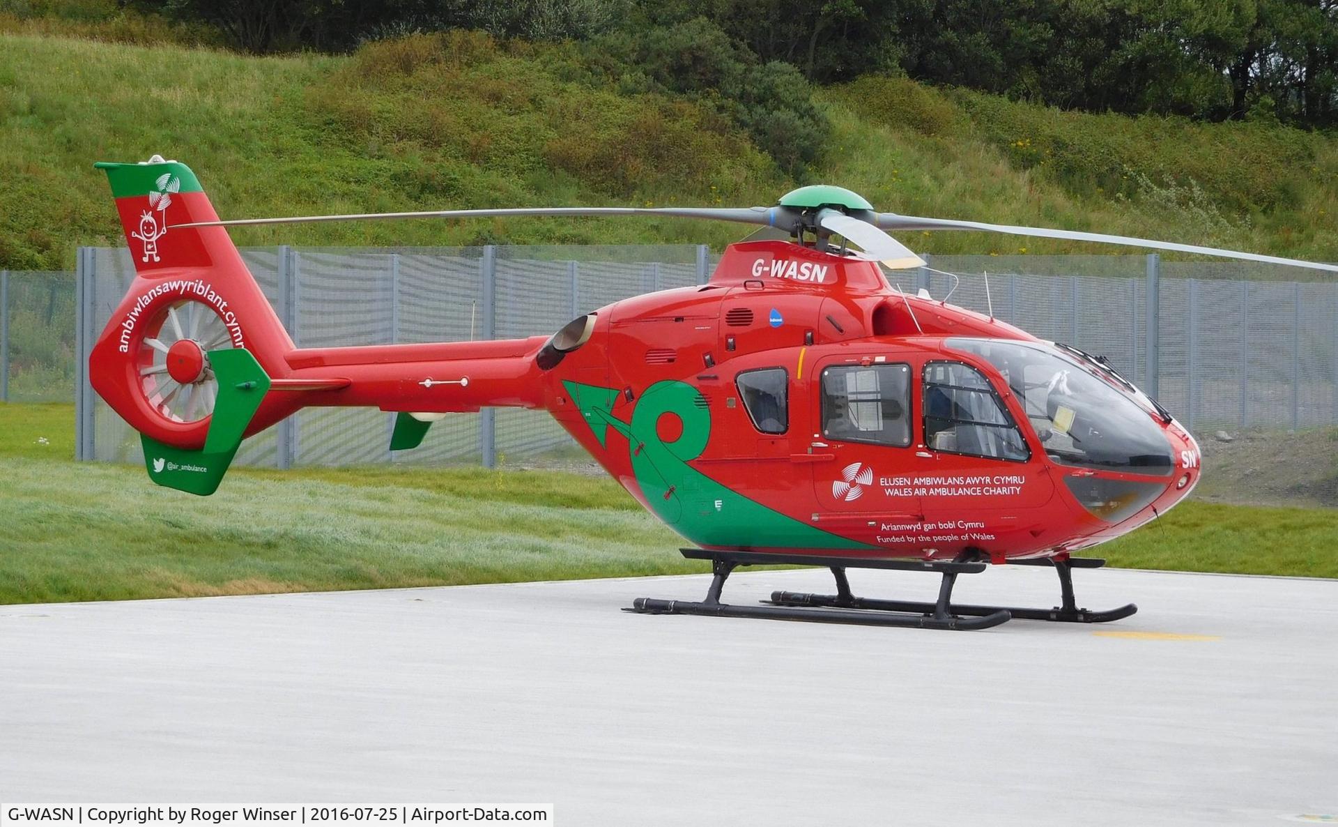 G-WASN, 2008 Eurocopter EC-135T-2+ C/N 0746, Off airport. Wales Air Ambulance helicopter that will become the 4th WAA helicopter (Helimed 67) and based at the Cardiff City Heliport in August 2016. Seen at the WAA base at Llanell Gate, Dafen. Llanelli, Wales, UK. 