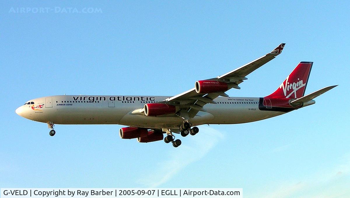 G-VELD, 1998 Airbus A340-313X C/N 214, Airbus A340-313X [214] (Virgin Atlantic) Heathrow~G 07/09/2005. On finals 27L.