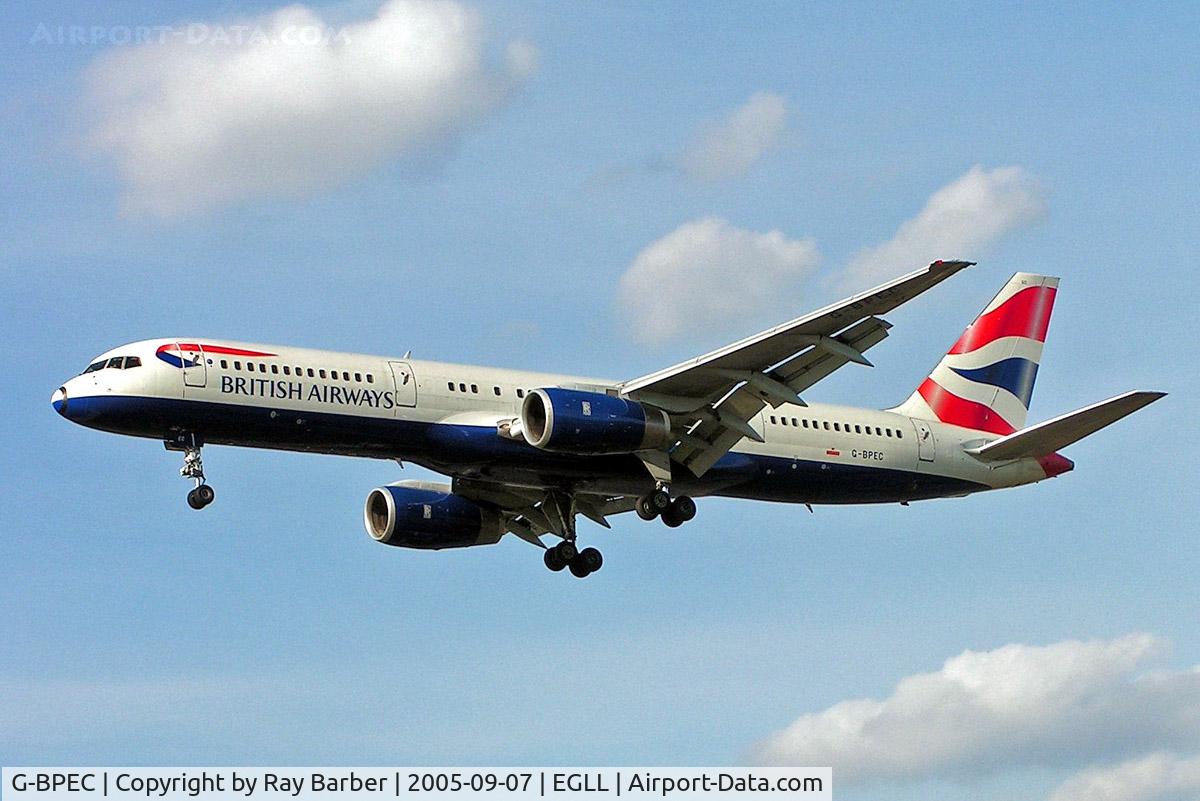 G-BPEC, 1990 Boeing 757-236 C/N 24882, Boeing 757-236 [24882] (British Airways) Heathrow~G 07/09/2005. On finals 27L.