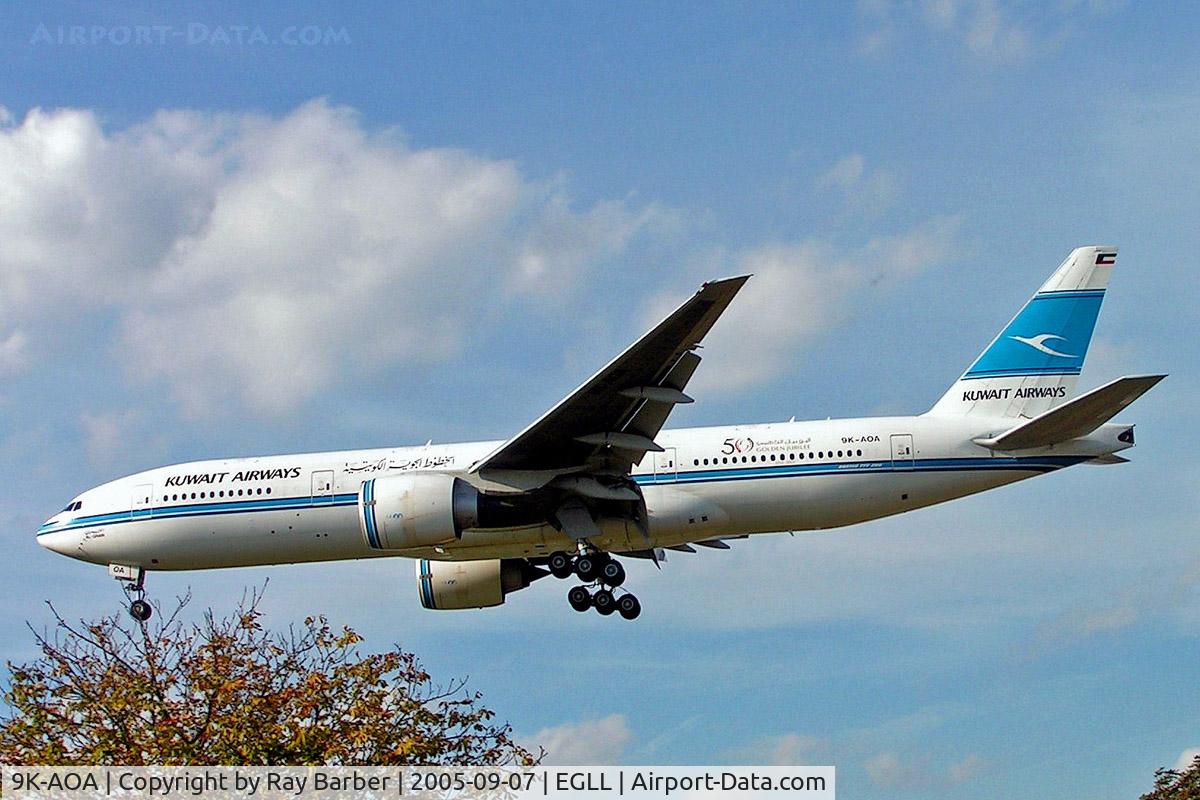 9K-AOA, 1998 Boeing 777-269/ER C/N 28743, Boeing 777-269ER [28743] (Kuwait Airways) Heathrow~G 07/09/2005. Wears special Anniversary titles on the rear fuselage. On finals 27L.