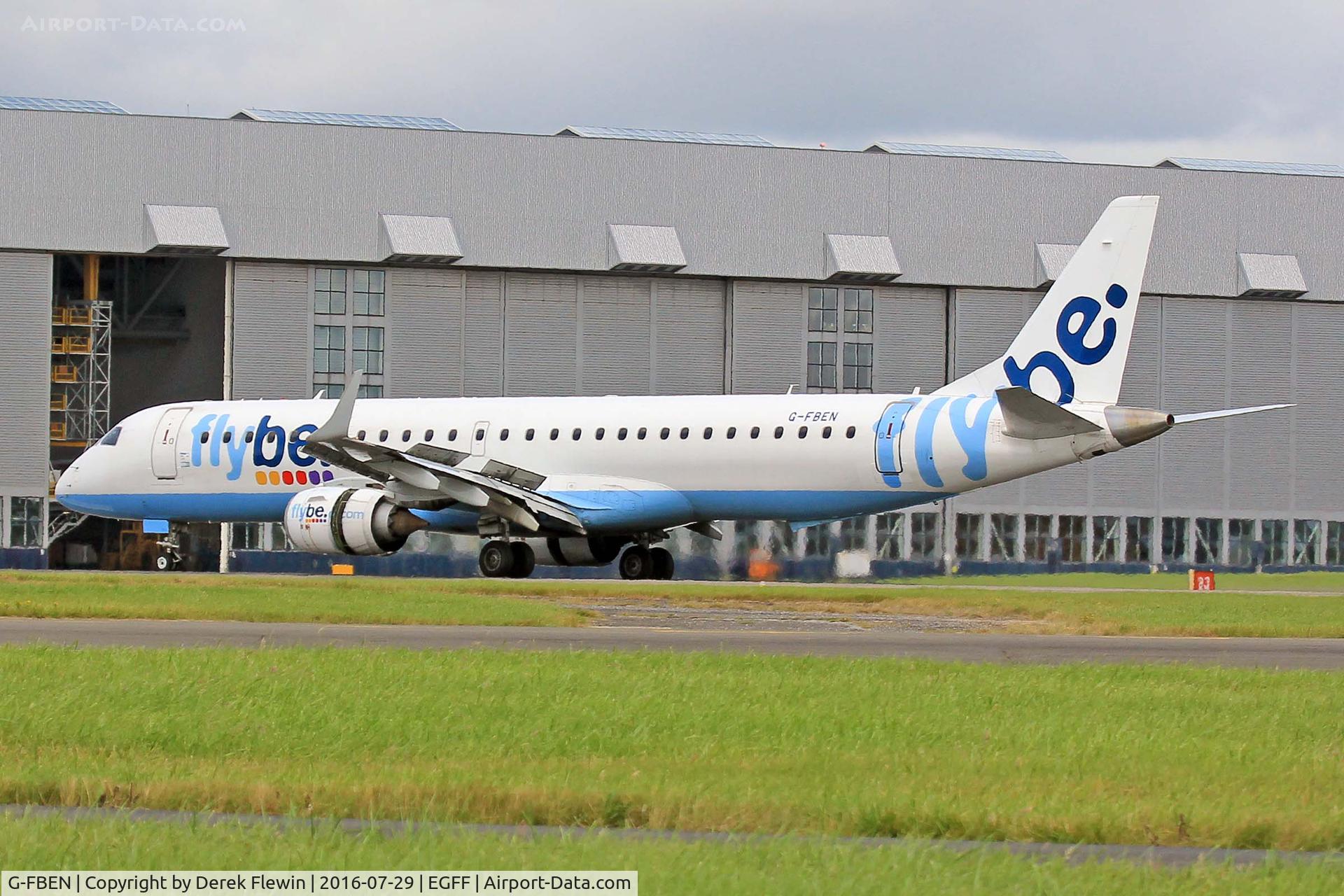 G-FBEN, 2008 Embraer 195LR (ERJ-190-200LR) C/N 19000213, Embraer 195LR, FlyBe, call sign Jersey 4TA, previously PT-SGW, seen landing on runway 30 out of Glasgow, note the open reverse thruster doors.