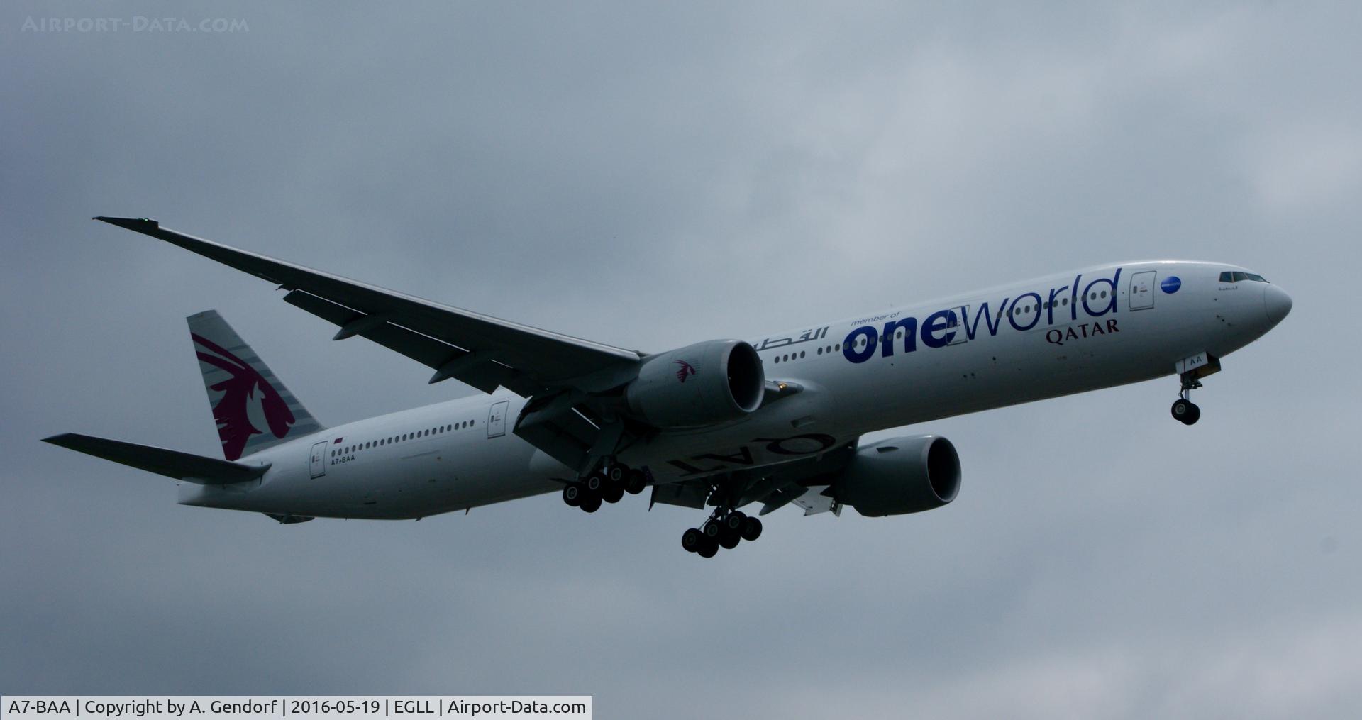 A7-BAA, 2007 Boeing 777-3DZ/ER C/N 36009, Qatar Airways (One World ttl.), seen here landing at London Heathrow(EGLL)