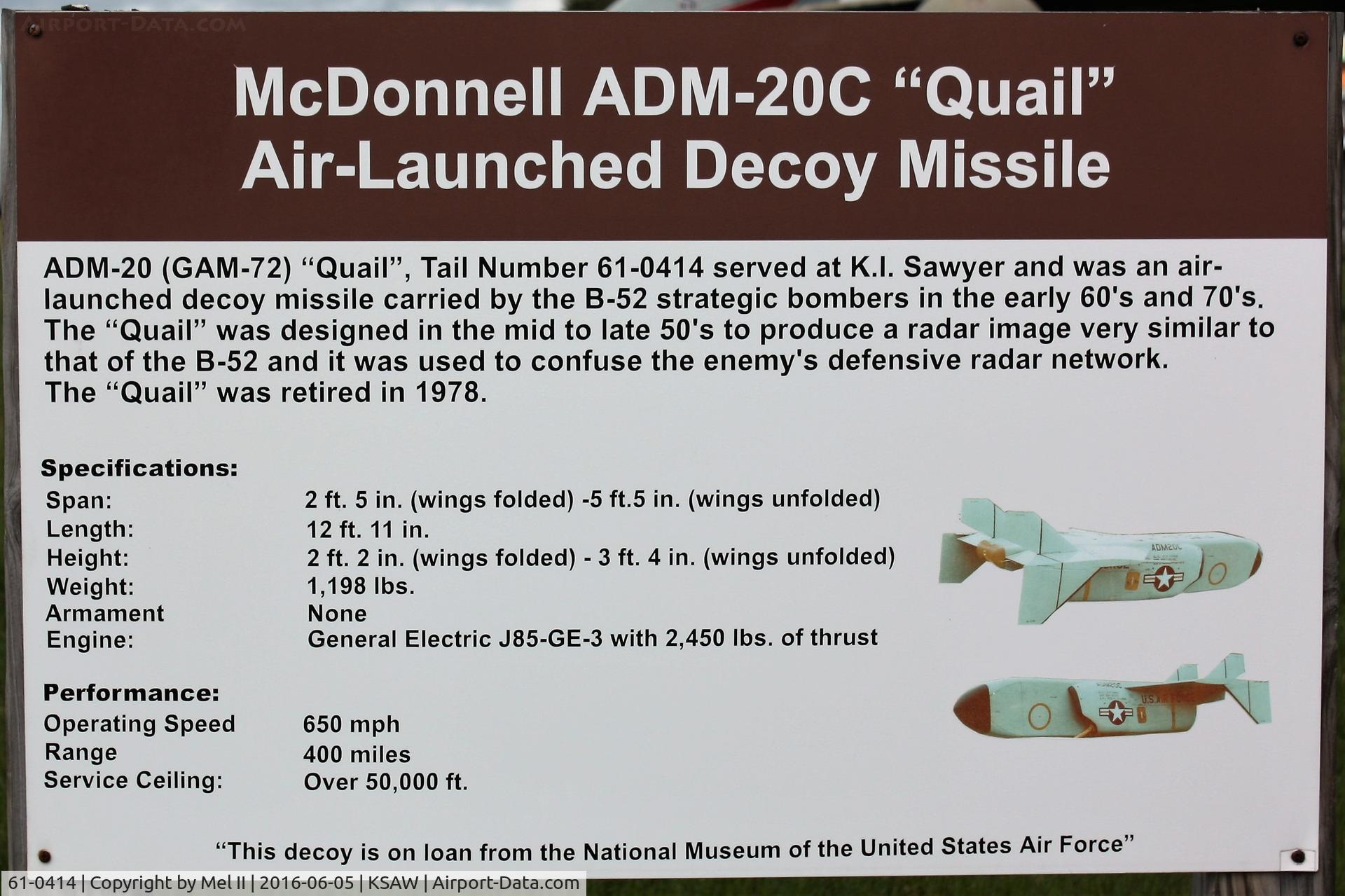 61-0414, 1961 McDonnell GAM-72A-30-MC C/N 61-0414, On display at the K.I. Sawyer Heritage Air Museum at the Sawyer International Airport (KSAW).