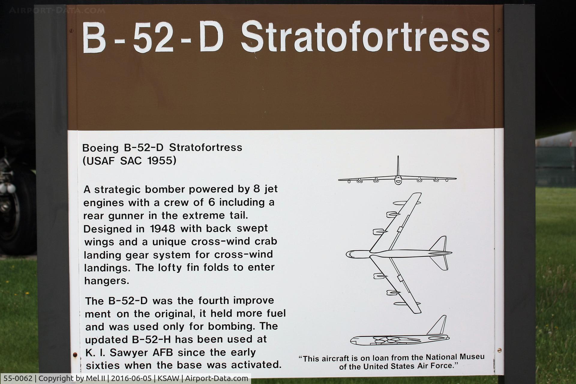 55-0062, 1955 Boeing B-52D-15-BW Stratofortress C/N 464014, On display at the K.I. Sawyer Heritage Air Museum at the Sawyer International Airport (KSAW).