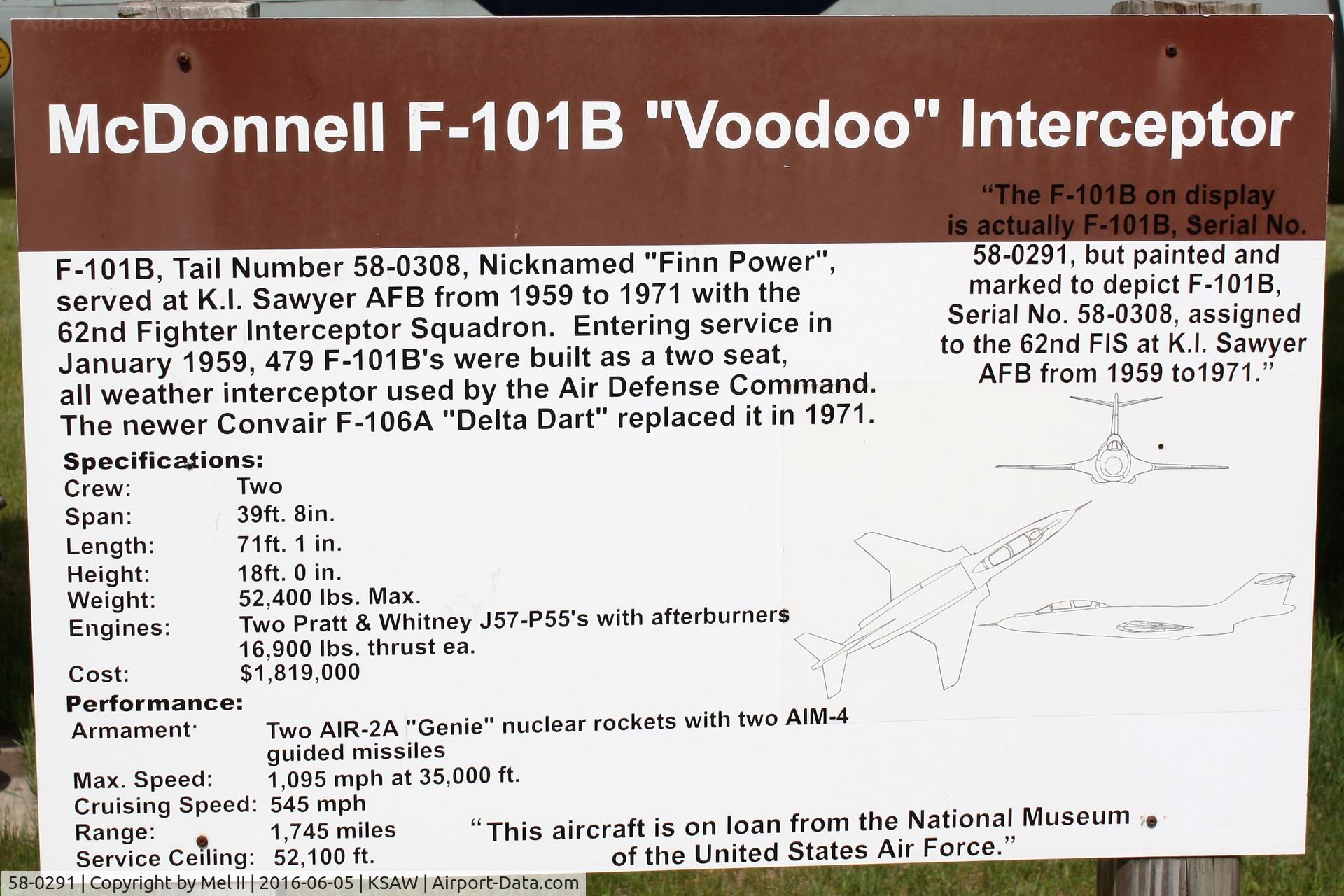 58-0291, 1958 McDonnell F-101B-105-MC Voodoo C/N 663, On display at the K.I. Sawyer Heritage Air Museum at the Sawyer International Airport (KSAW).