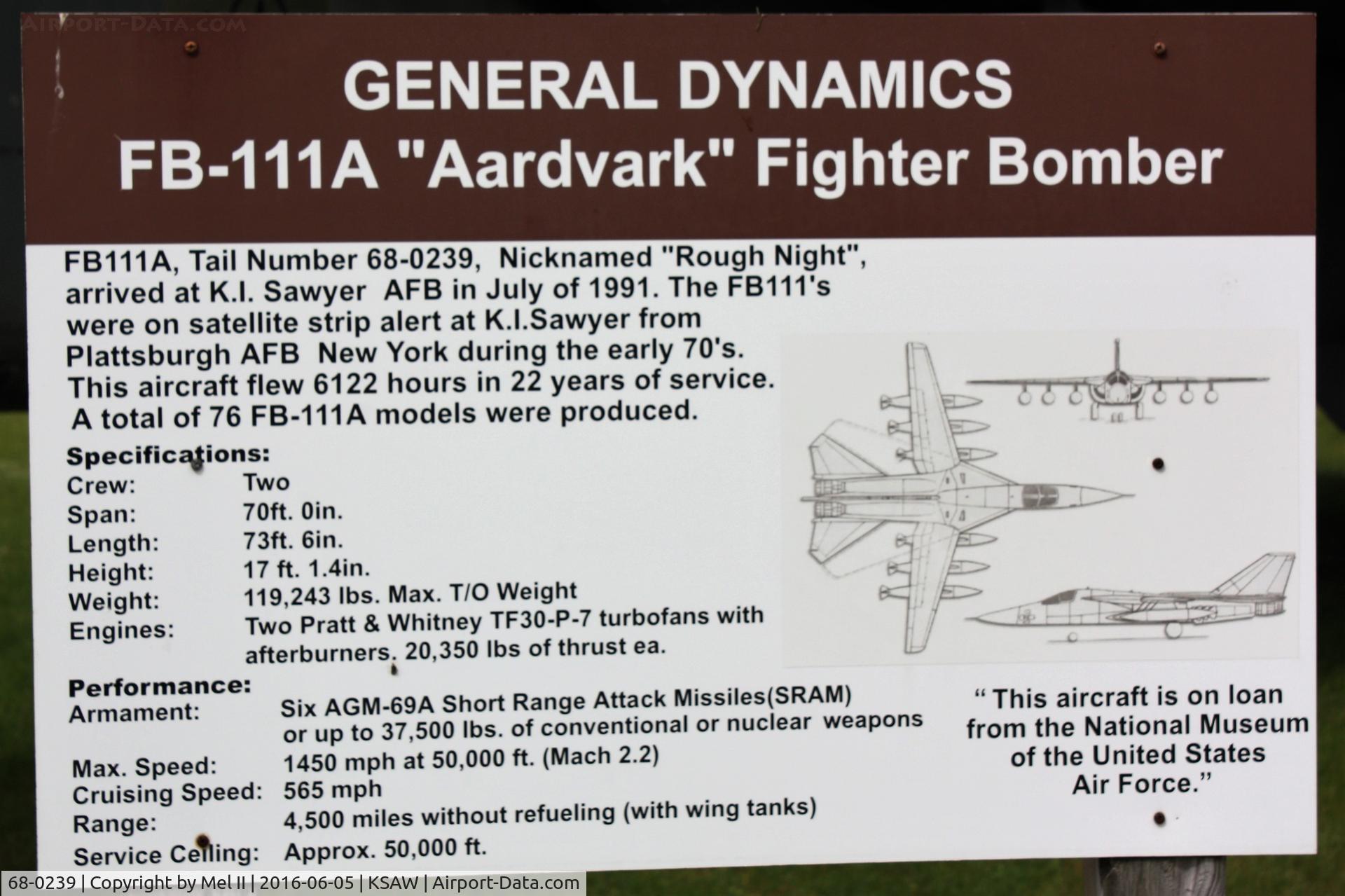 68-0239, 1968 General Dynamics FB-111A Aardvark C/N B1-11, On display at the K.I. Sawyer Heritage Air Museum at the Sawyer International Airport (KSAW).