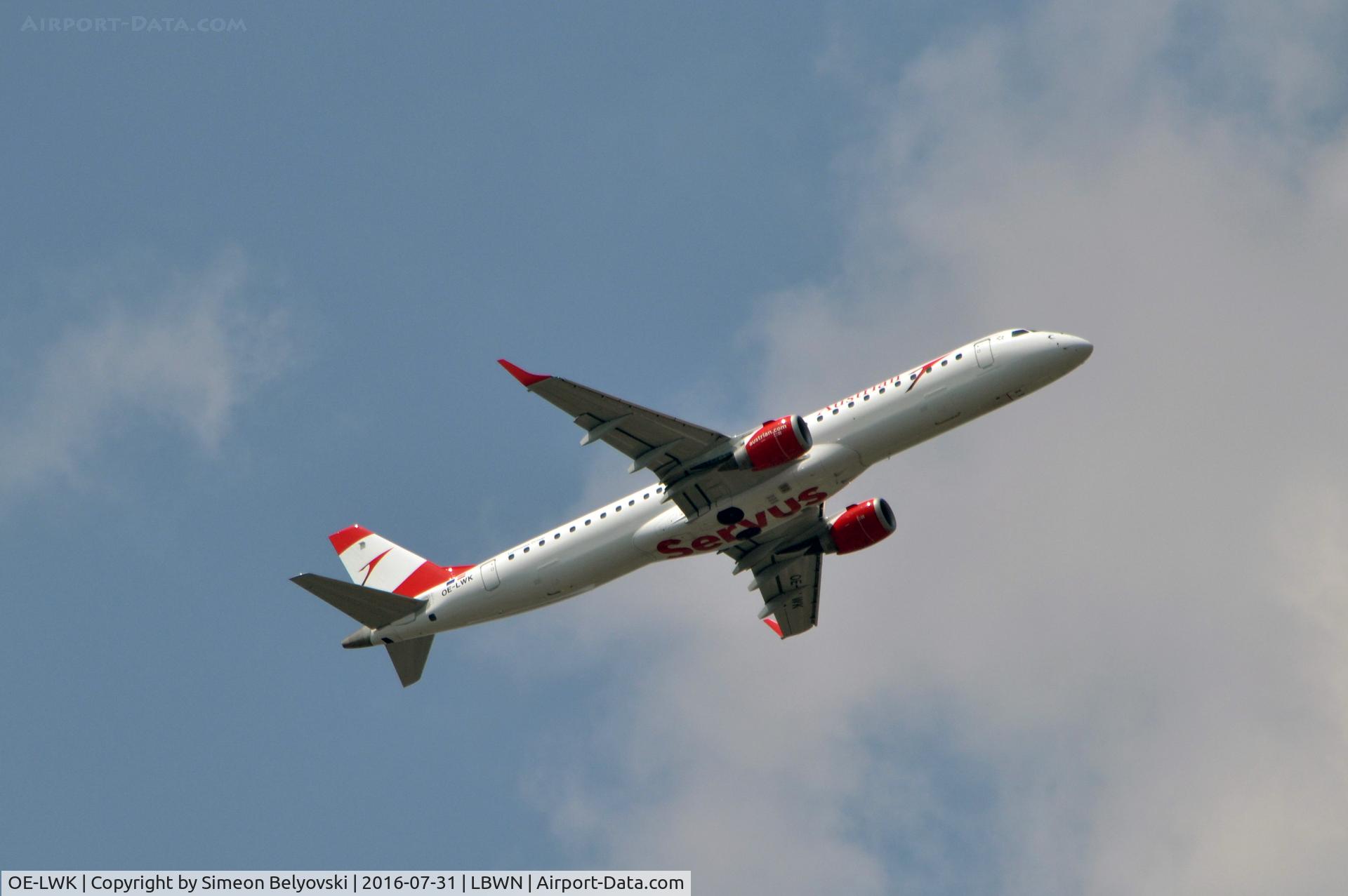 OE-LWK, 2012 Embraer 195LR  (ERJ-190-200LR) C/N 19000523, Take off Varna to Vienna flight OS764