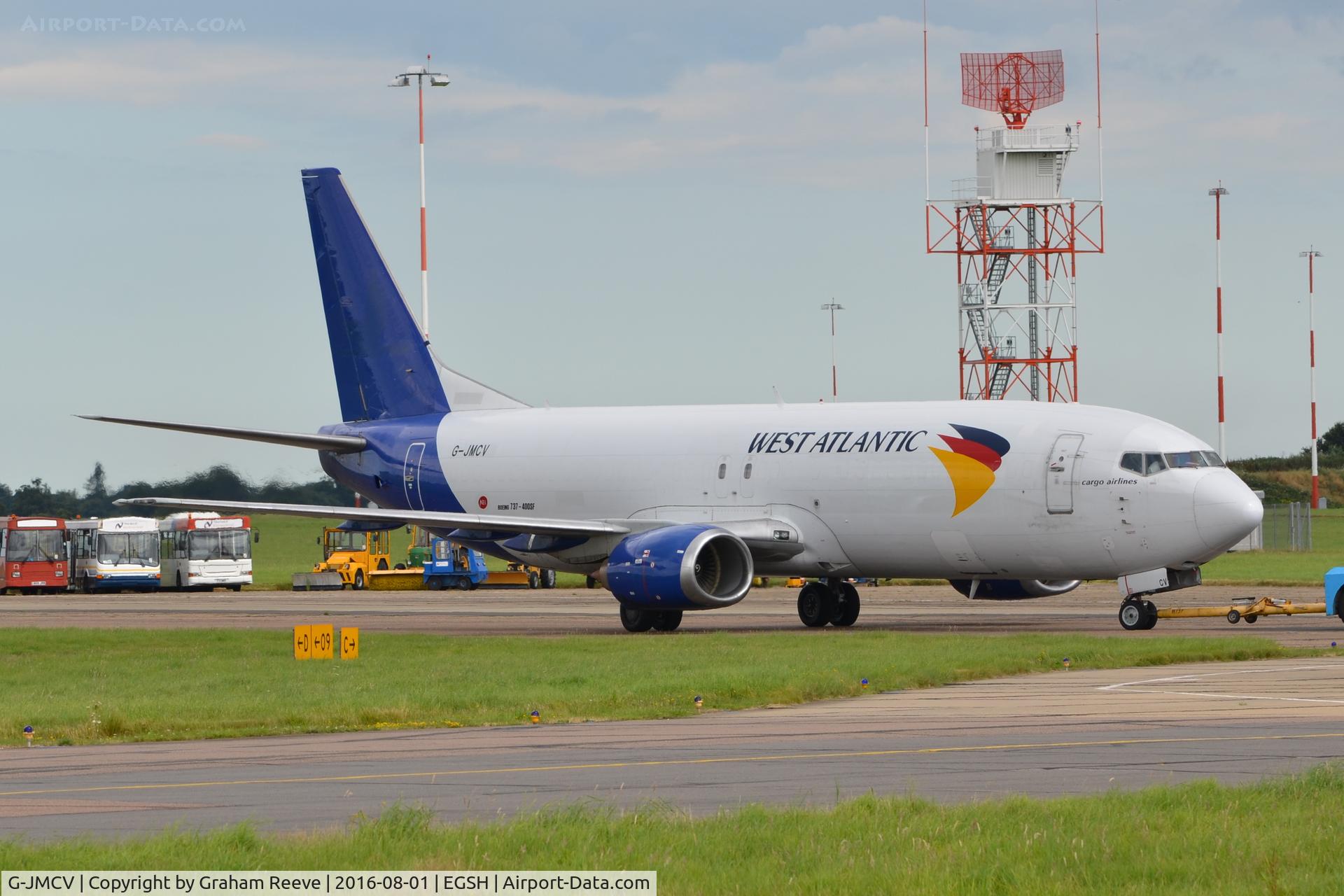 G-JMCV, 1989 Boeing 737-4K5 C/N 24128, Under tow at Norwich.