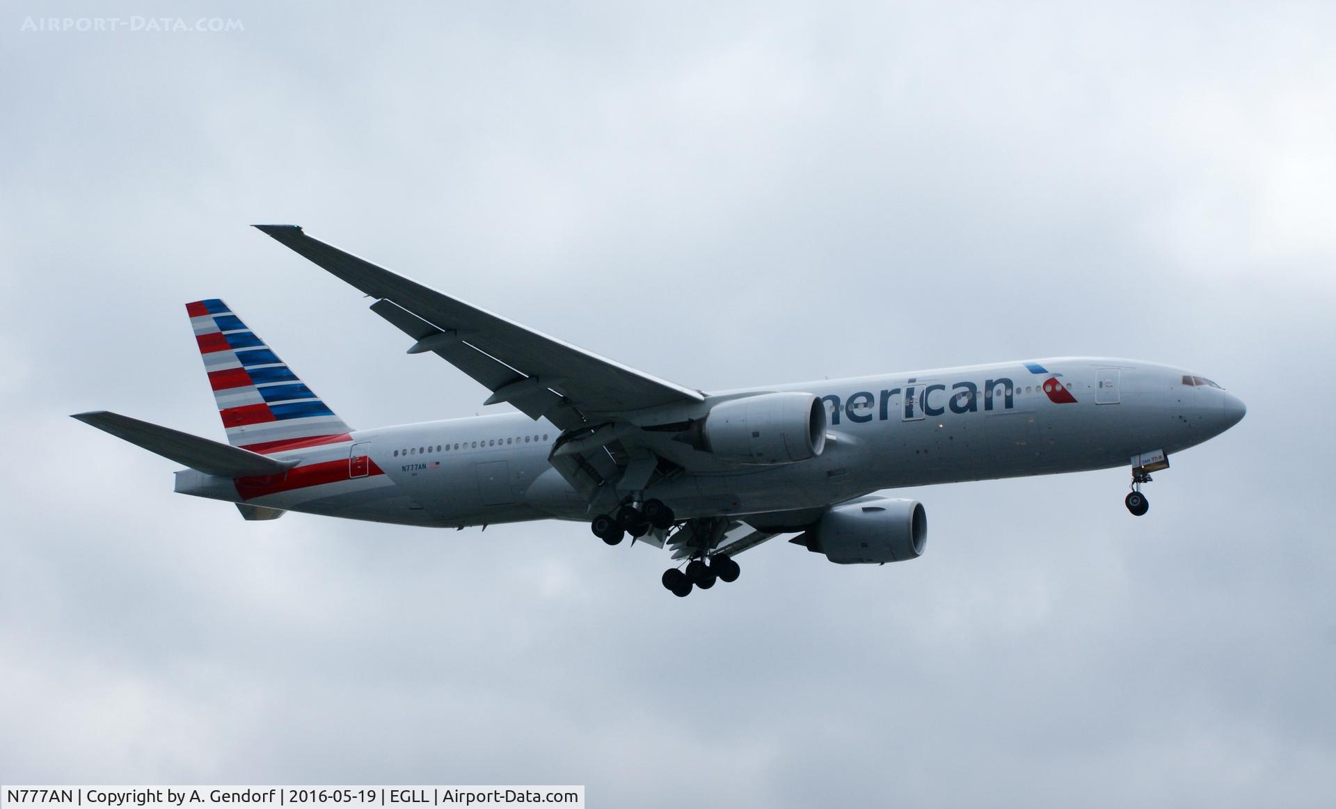 N777AN, 1999 Boeing 777-223 C/N 29585, American Airlines, seen here landing at London Heathrow(EGLL)