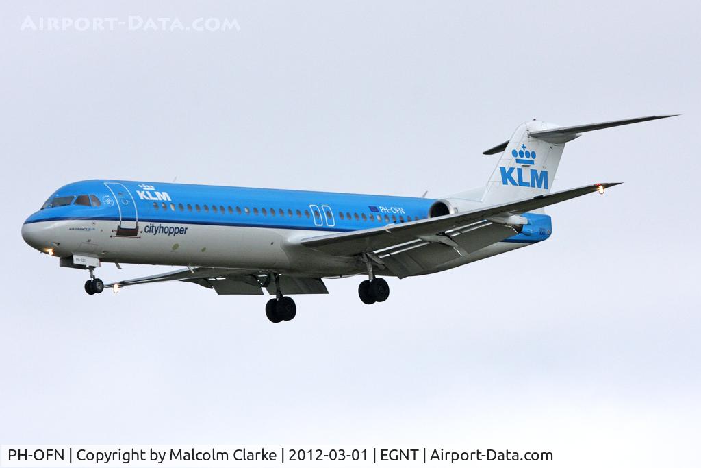 PH-OFN, 1993 Fokker 100 (F-28-0100) C/N 11477, Fokker 100 (F-28-0100) on approach to Newcastle Airport, March 1st 2012.