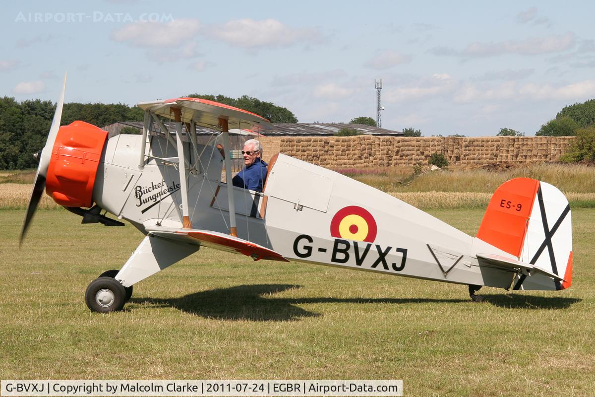 G-BVXJ, 1937 Bucker Bu-133C Jungmeister C/N E-19, Bucker Bu-133C Jungmeister at The Real Aeroplane Company's Wings & Wheels Weekend, Breighton Airfield, July 2011.