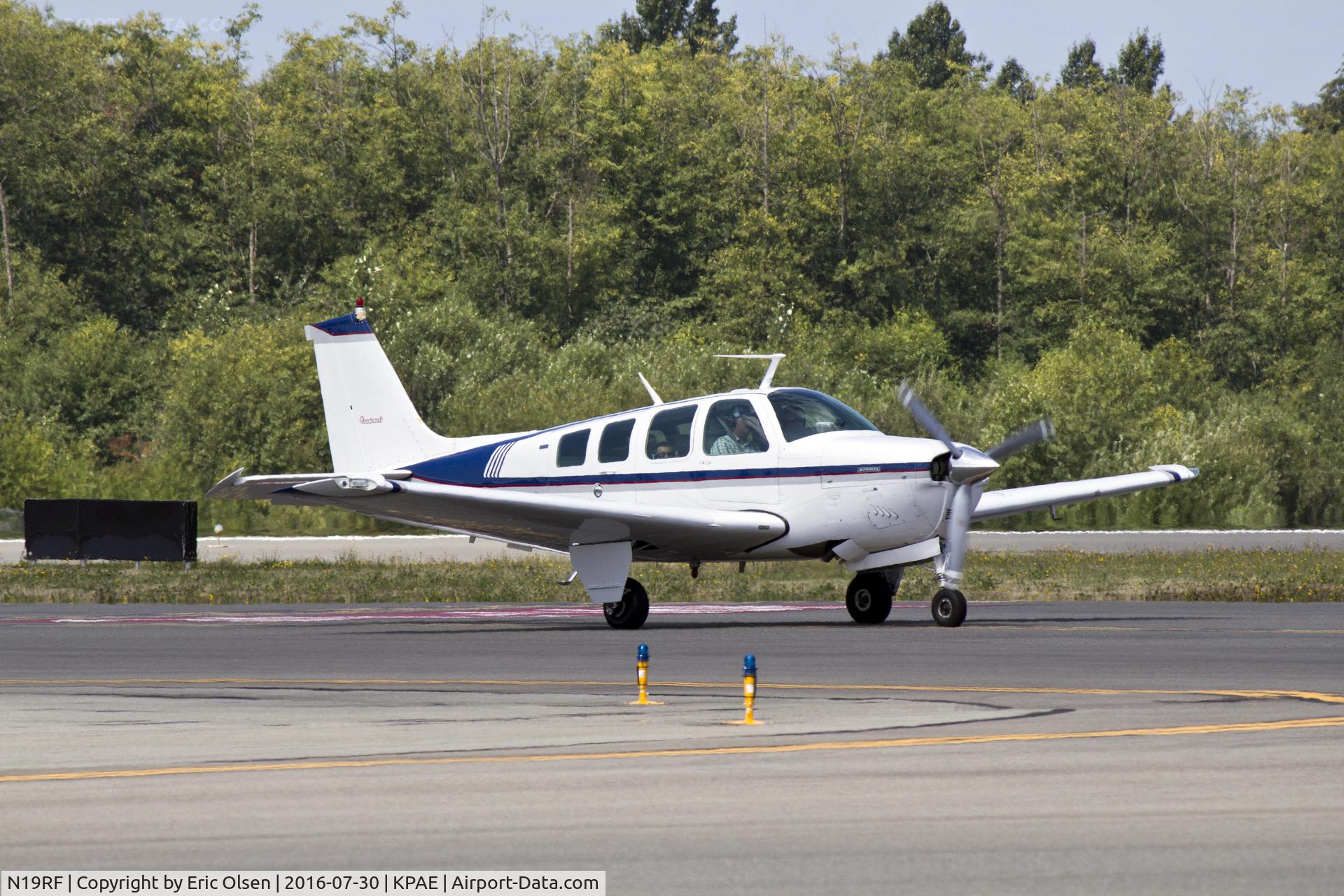 N19RF, 1974 Beech A36 Bonanza 36 C/N E-627, Beech A36 taxing in at Paine Field.