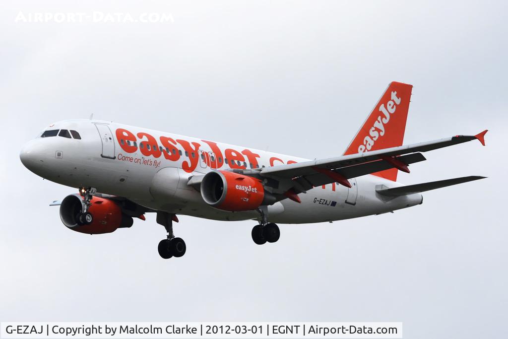 G-EZAJ, 2006 Airbus A319-111 C/N 2742, A319-111 on approach to Runway 25 at Newcastle Airport, March 2012.