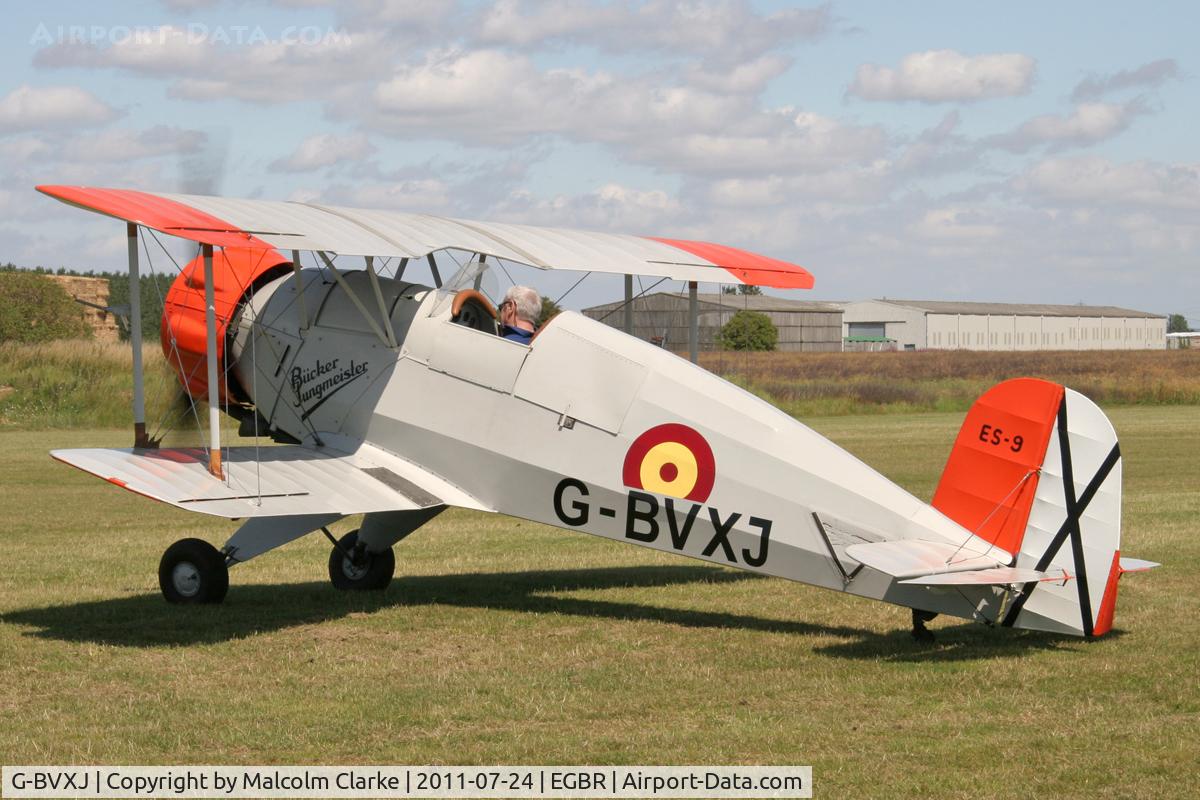 G-BVXJ, 1937 Bucker Bu-133C Jungmeister C/N E-19, Bucker Bu-133C Jungmeister at The Real Aeroplane Company's Wings & Wheels Weekend, Breighton Airfield, July 2011.