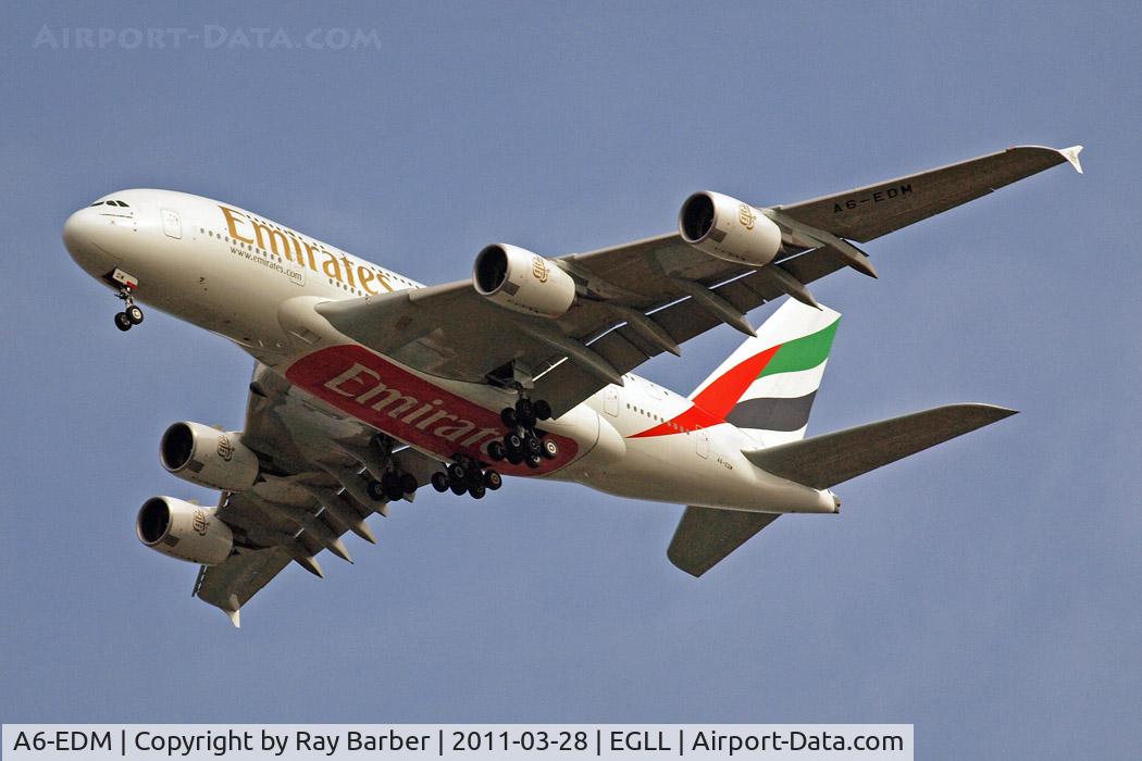 A6-EDM, 2010 Airbus A380-861 C/N 042, Airbus A380-861 [042] (Emirates Airlines) Home~G 28/03/2011. On approach 27R.