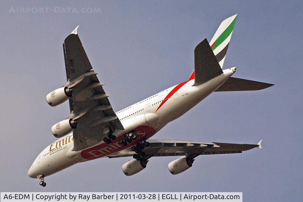 A6-EDM, 2010 Airbus A380-861 C/N 042, Airbus A380-861 [042] (Emirates Airlines) Home~G 28/03/2011. On approach 27R.