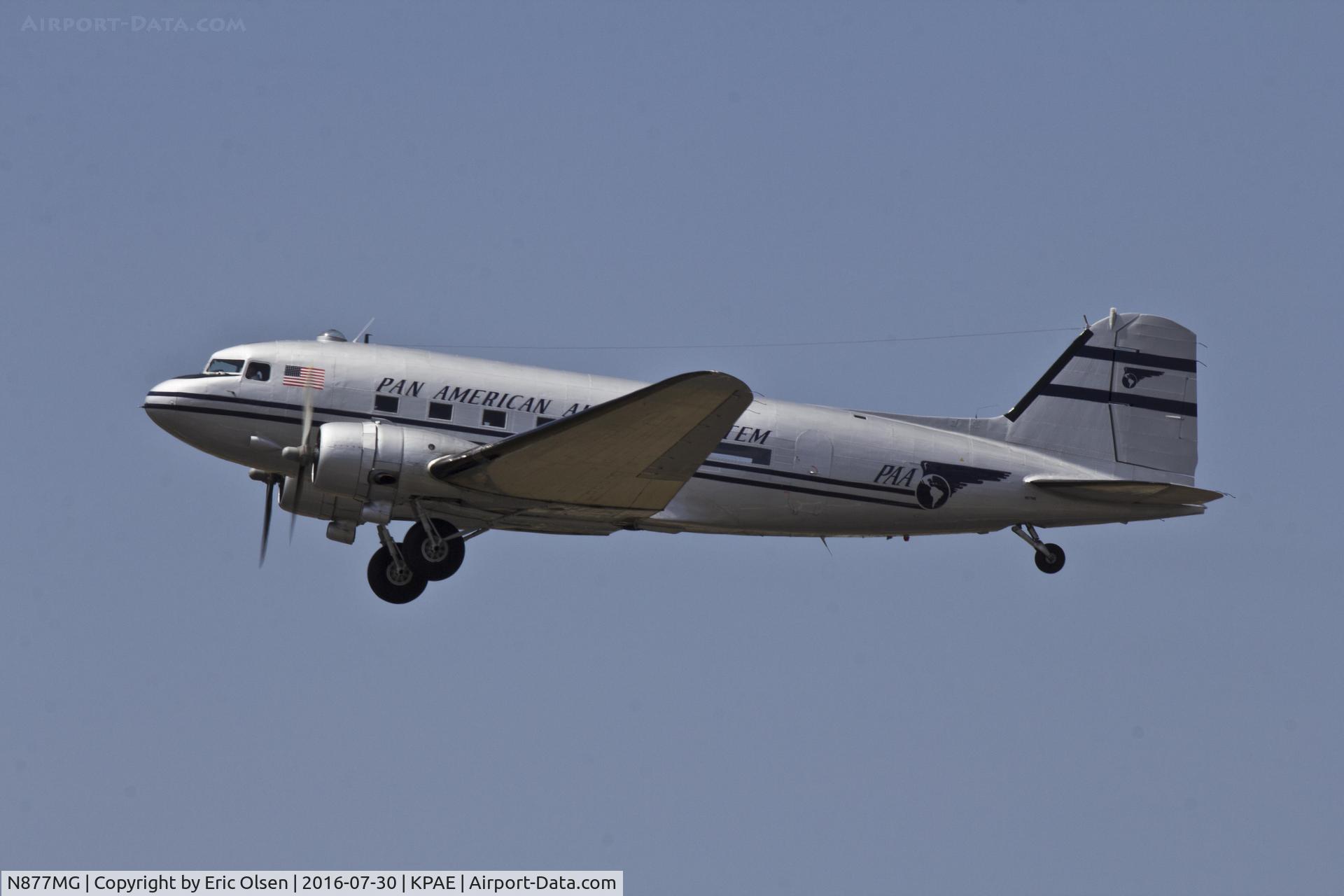 N877MG, 1949 Douglas DC-3C C/N 20806, DC-3 after takeoff and about to part of the 2016 FHC Skyfair air demo.