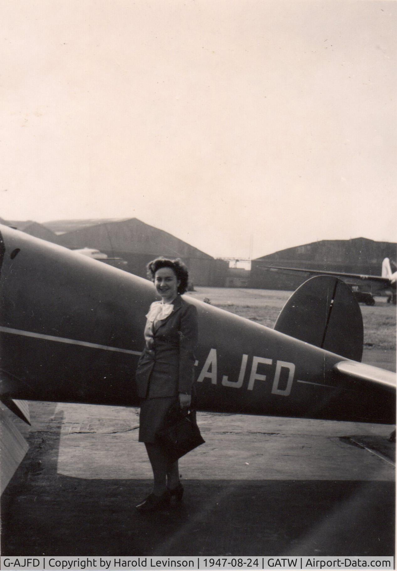 G-AJFD, 1947 Miles M65 Gemini 1A C/N 6325, A picture of my late wife boarding G AJFD to take us to Jersey on our honeymoon