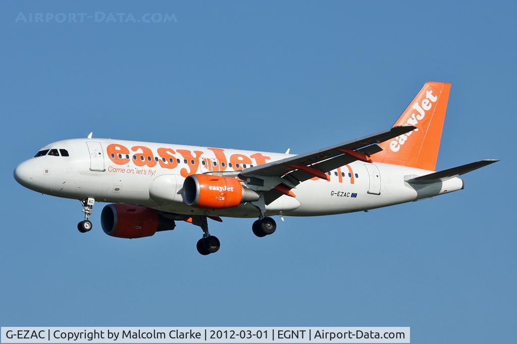 G-EZAC, 2006 Airbus A319-111 C/N 2691, Airbus A319-111 on approach to Runway 25 at Newcastle Airport, March 2012.